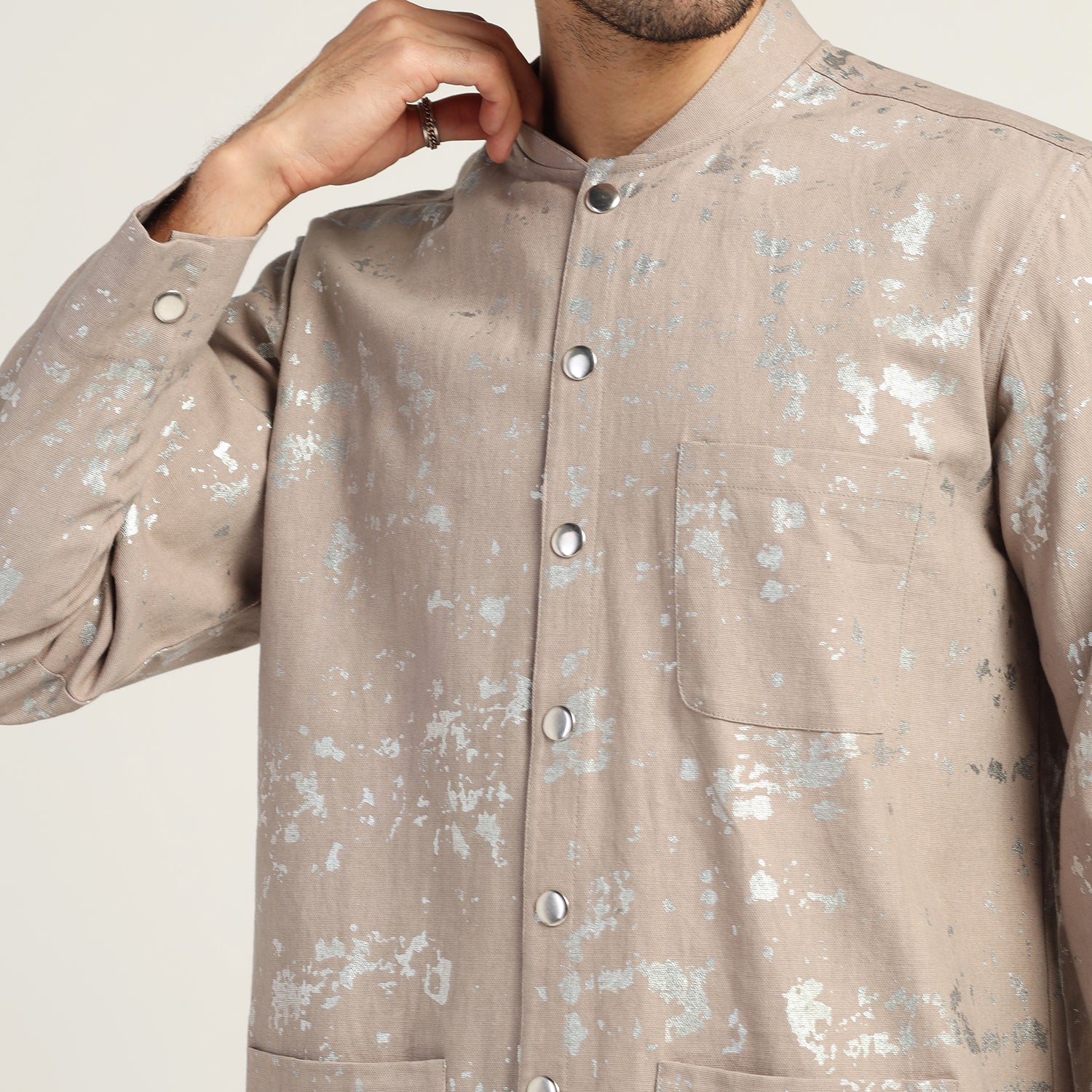 Beige  Canvas Mandarin Collar Silver Foil jacket, men jackets, design, sleeve design, color, jackets