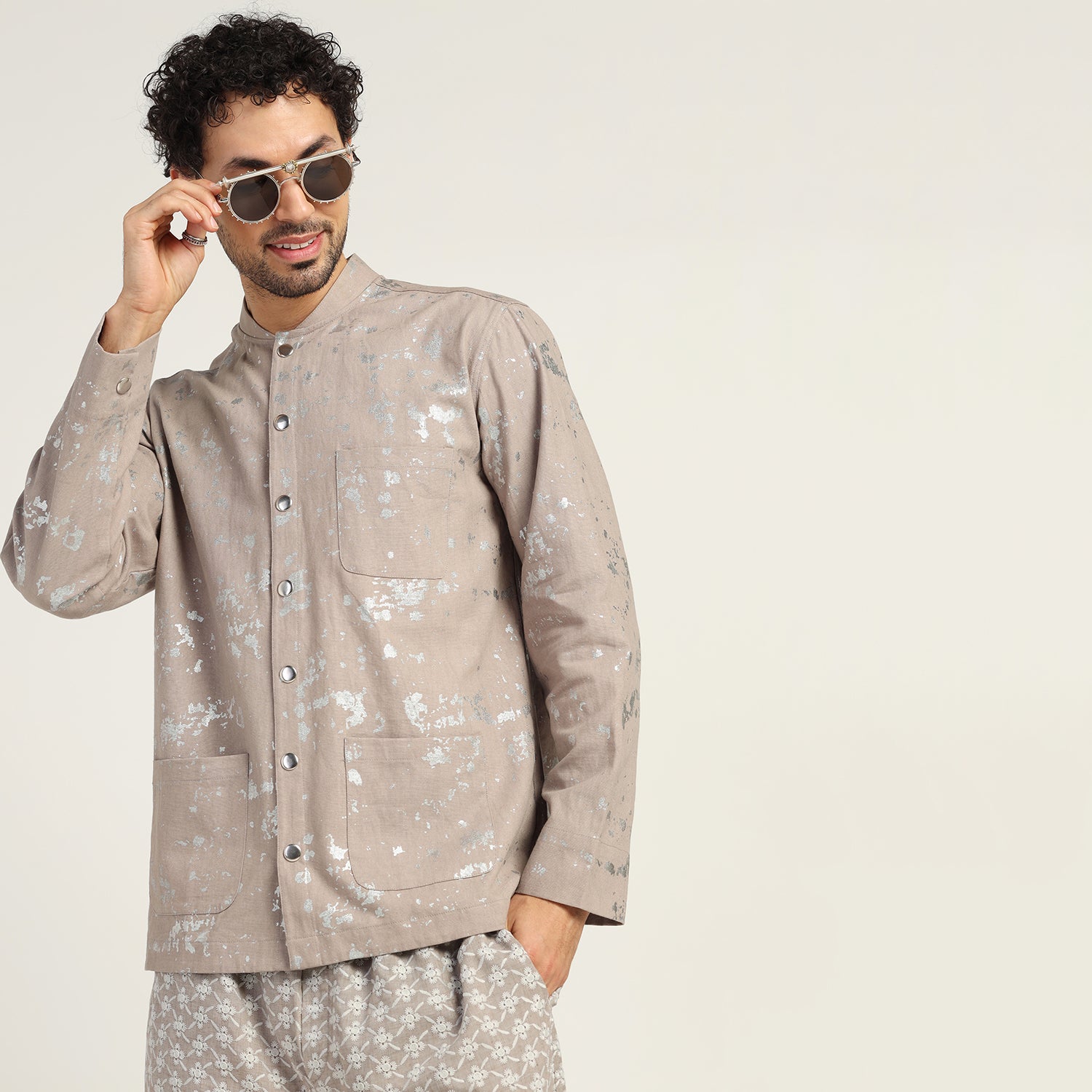 Beige  Canvas Mandarin Collar Silver Foil jacket, men jackets, design, sleeve design, color, jackets