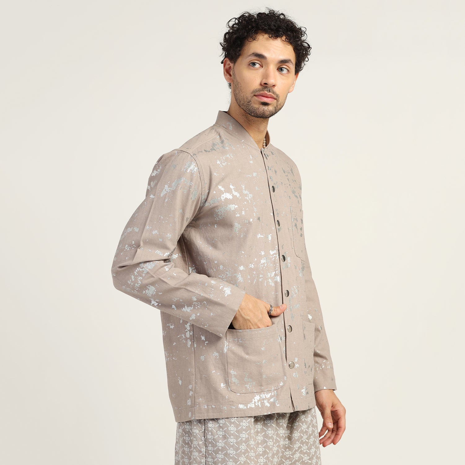 Beige  Canvas Mandarin Collar Silver Foil jacket, men jackets, design, sleeve design, color, jackets