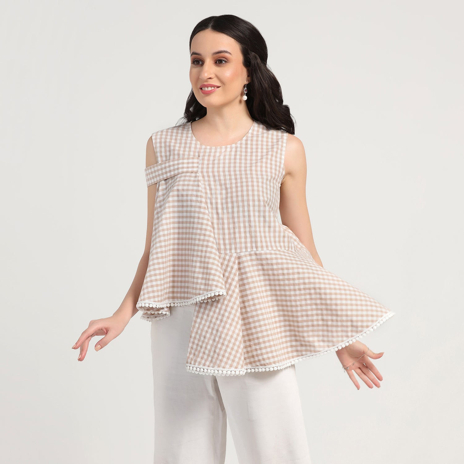 Beige Check Asymmetrical Top, tops for women, crop top, crop tops for women, organza tops, Create versatile tops blending style and comfort for casual outings, office wear, and parties.