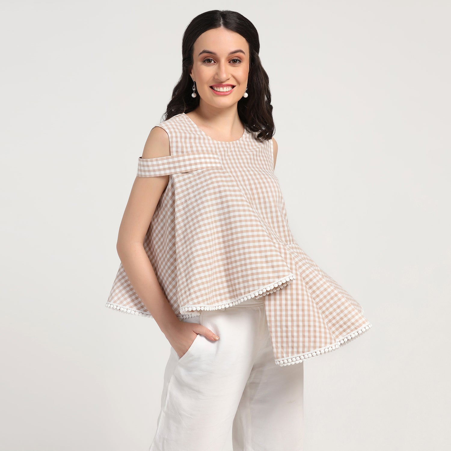 Beige Check Asymmetrical Top, tops for women, crop top, crop tops for women, organza tops, Create versatile tops blending style and comfort for casual outings, office wear, and parties.