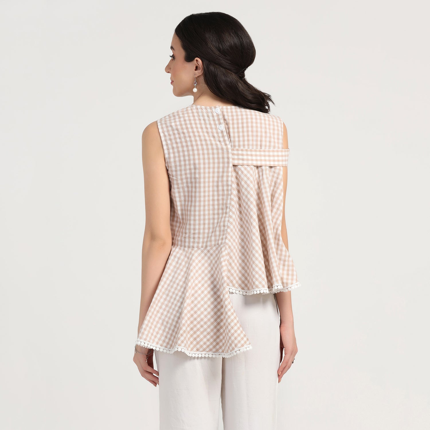 Beige Check Asymmetrical Top, tops for women, crop top, crop tops for women, organza tops, Create versatile tops blending style and comfort for casual outings, office wear, and parties.