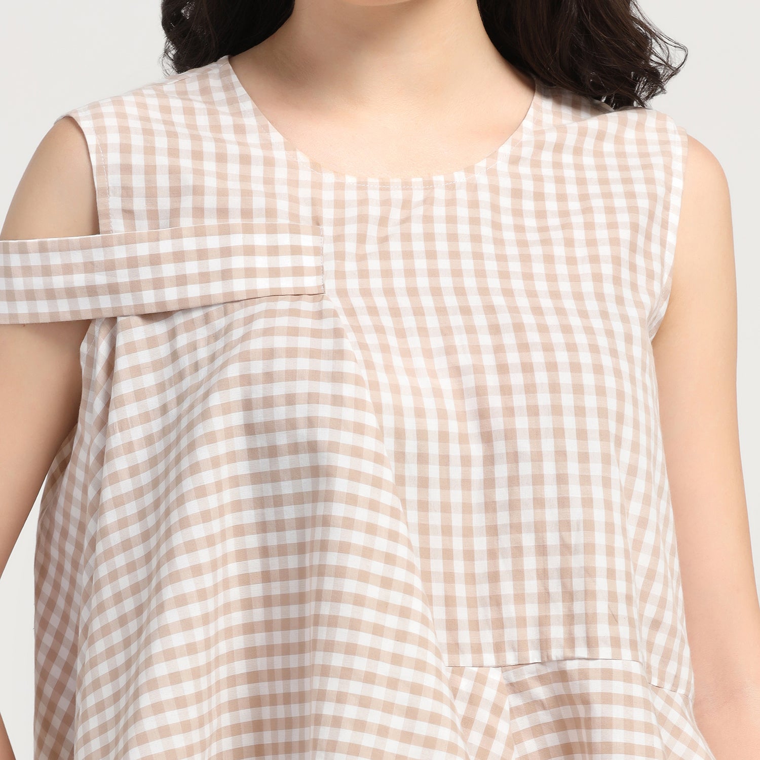 Beige Check Asymmetrical Top, tops for women, crop top, crop tops for women, organza tops, Create versatile tops blending style and comfort for casual outings, office wear, and parties.