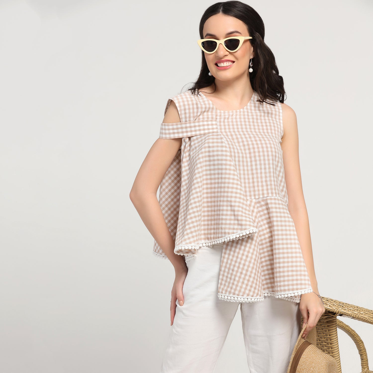 Beige Check Asymmetrical Top, tops for women, crop top, crop tops for women, organza tops, Create versatile tops blending style and comfort for casual outings, office wear, and parties.