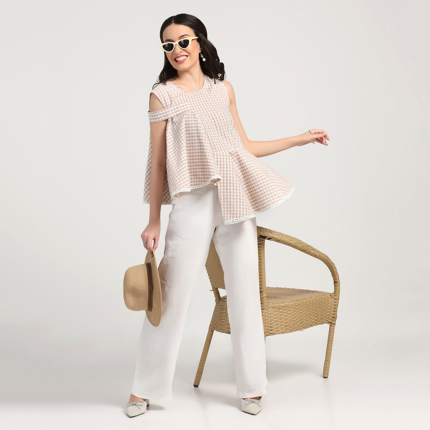 Beige Check Asymmetrical Top, tops for women, crop top, crop tops for women, organza tops, Create versatile tops blending style and comfort for casual outings, office wear, and parties.