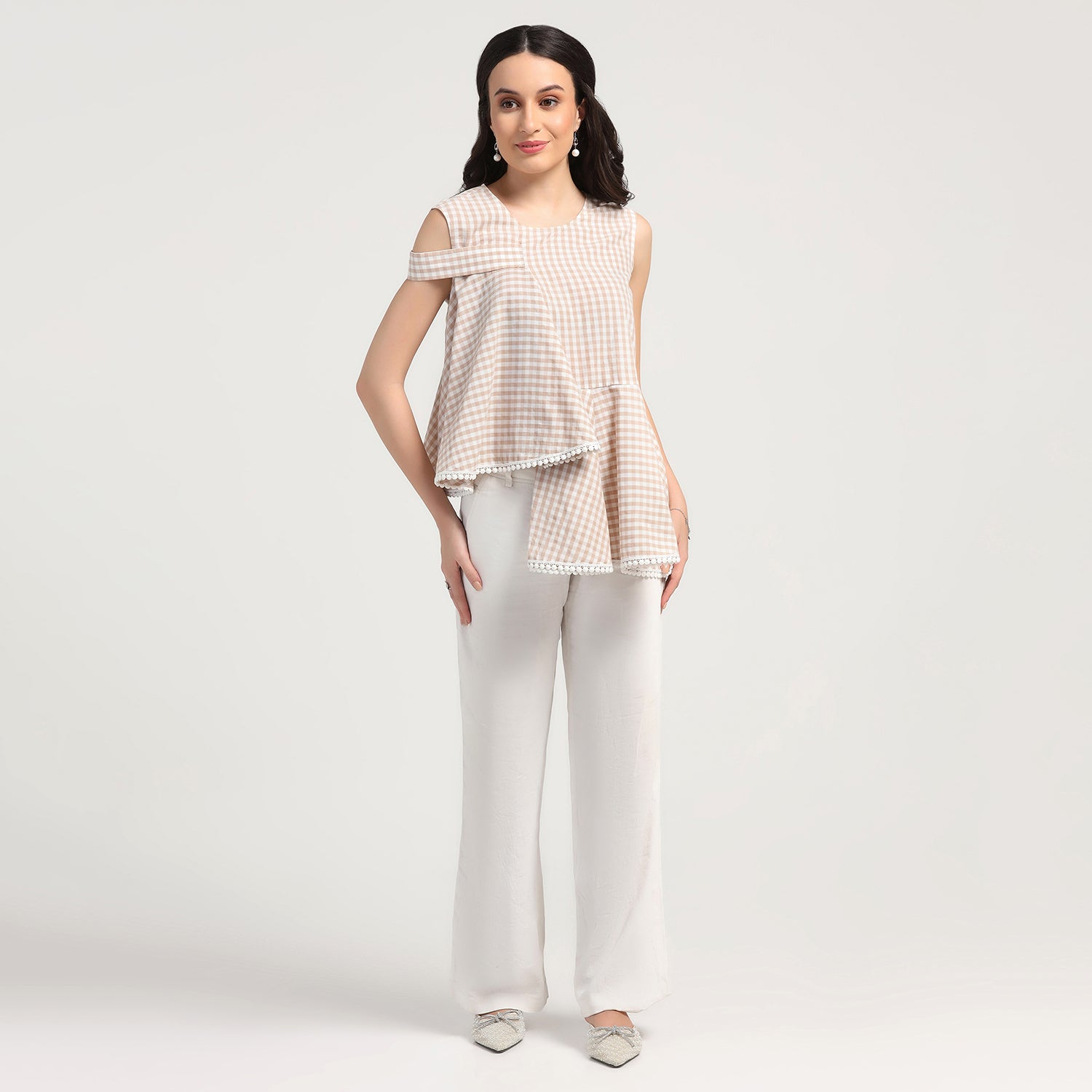 Beige Check Asymmetrical Top, tops for women, crop top, crop tops for women, organza tops, Create versatile tops blending style and comfort for casual outings, office wear, and parties.