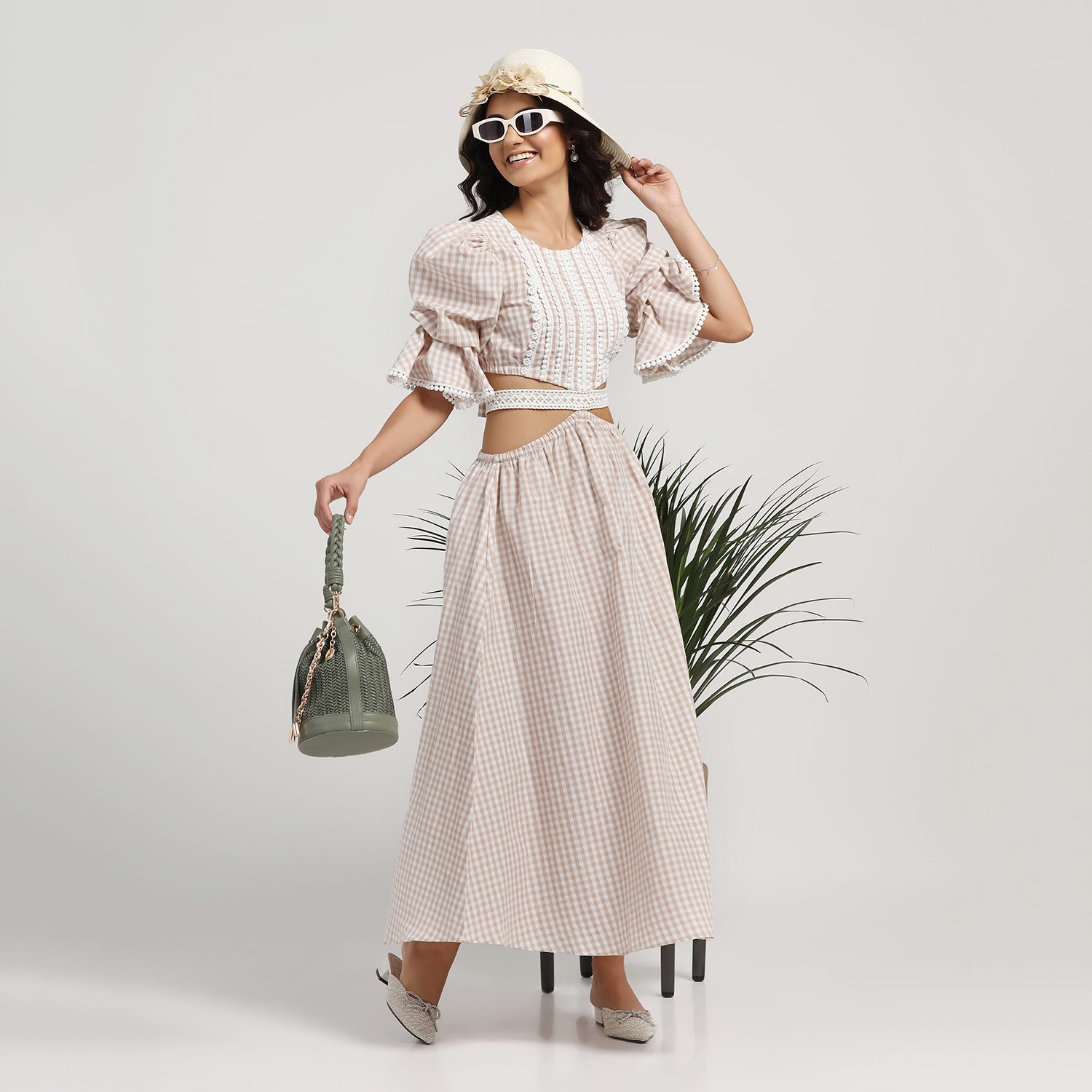 Beige Check Dress With Lace Yoke & Tie Belt, skirts for women, long skirts for women, crop top and skirt, women in short skirts