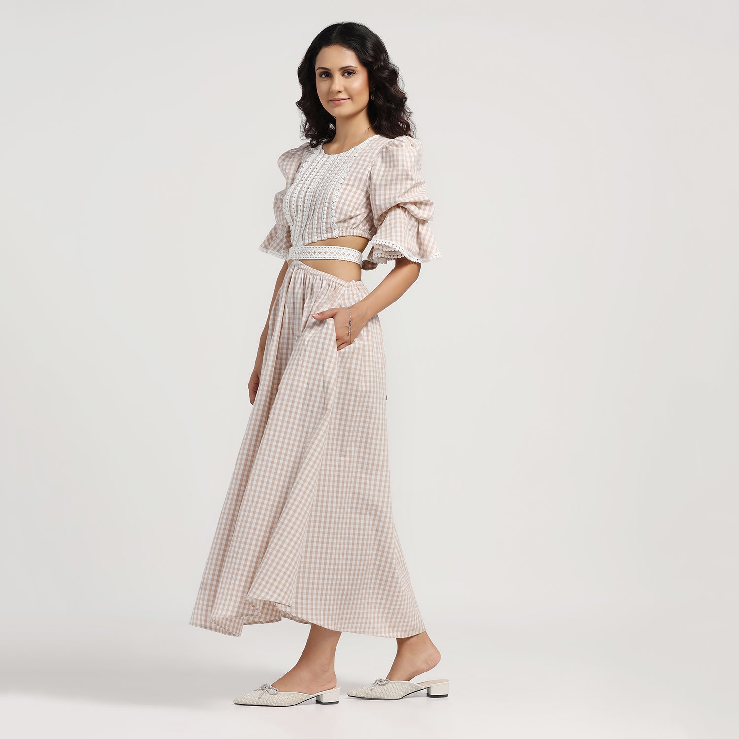 Beige Check Dress With Lace Yoke & Tie Belt, skirts for women, long skirts for women, crop top and skirt, women in short skirts
