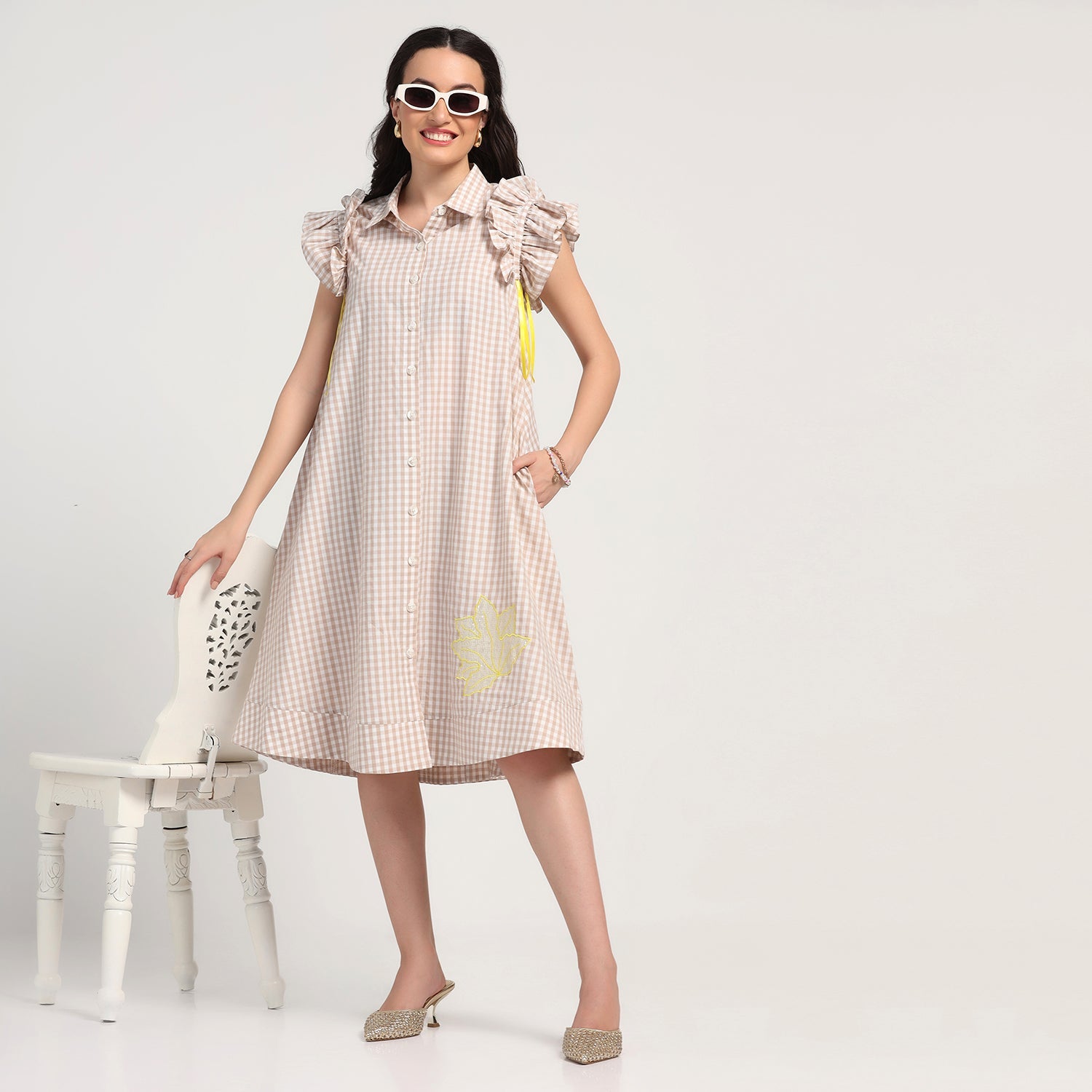 Beige Check Maple Leaf Embroidery Dress
