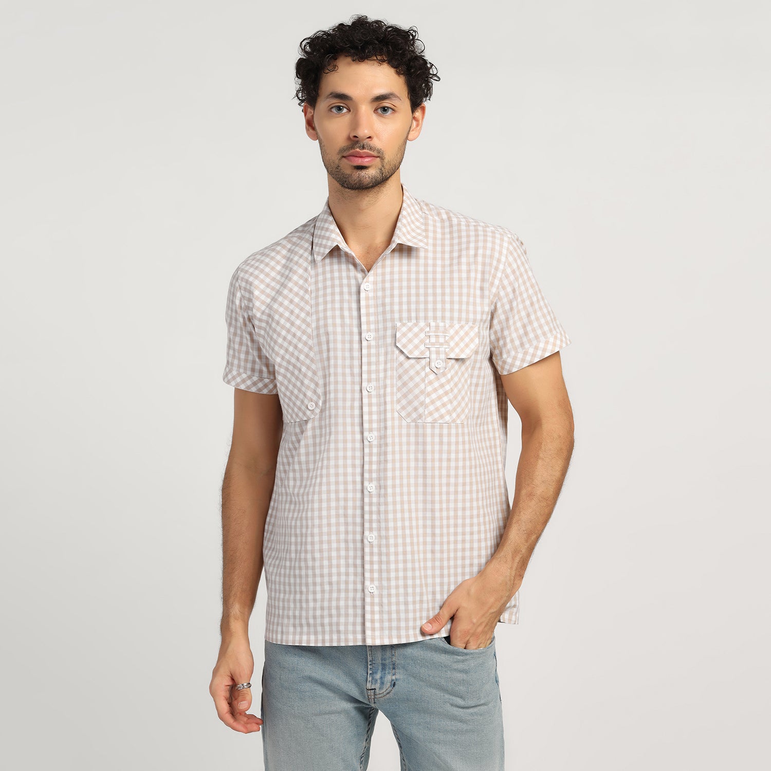 Beige Check Patch Shirt for Men-1