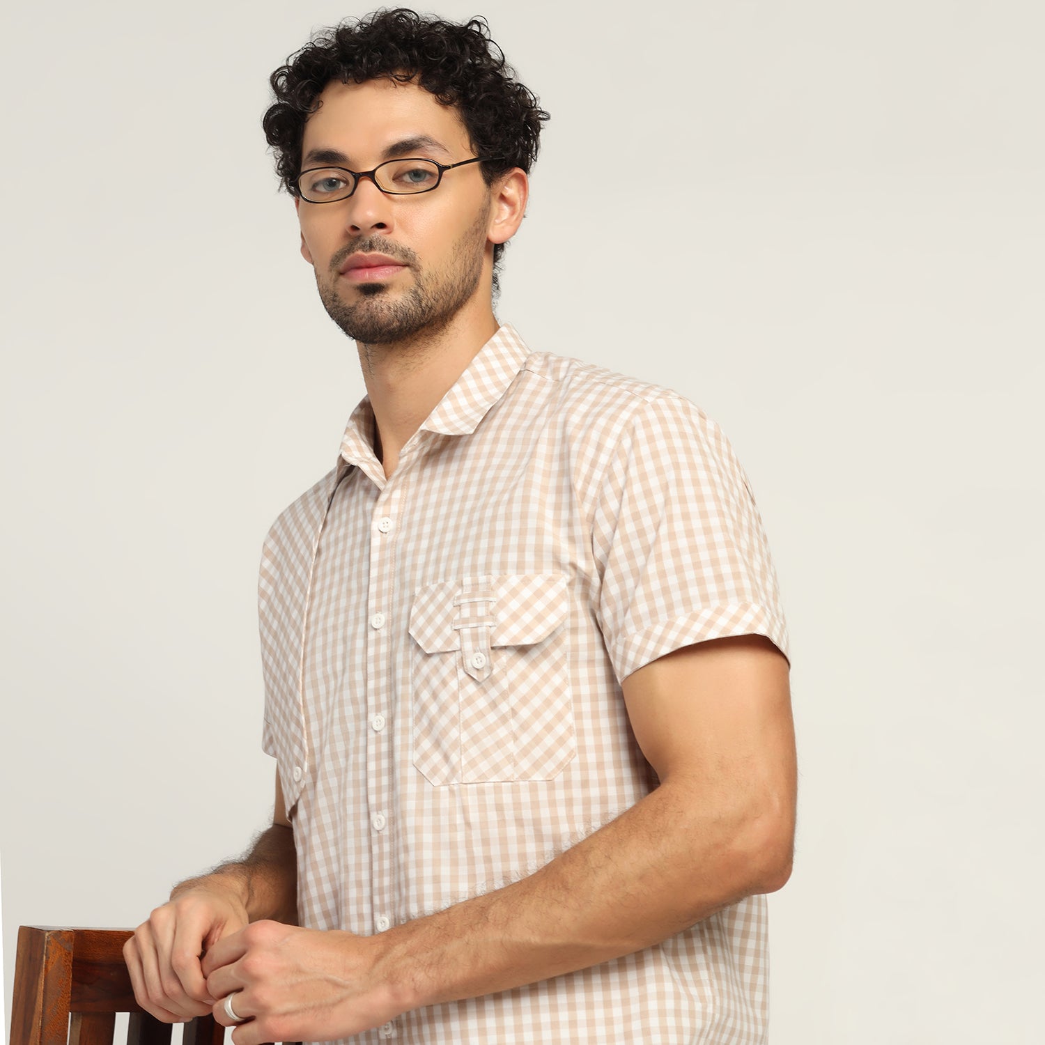 Beige Check Patch Shirt for Men