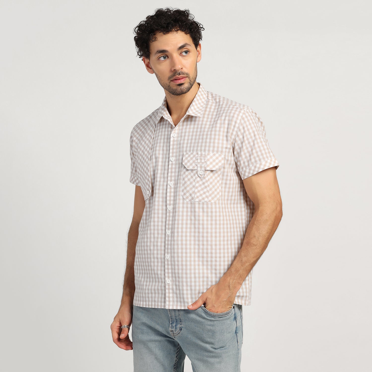 Beige Check Patch Shirt for Men-2