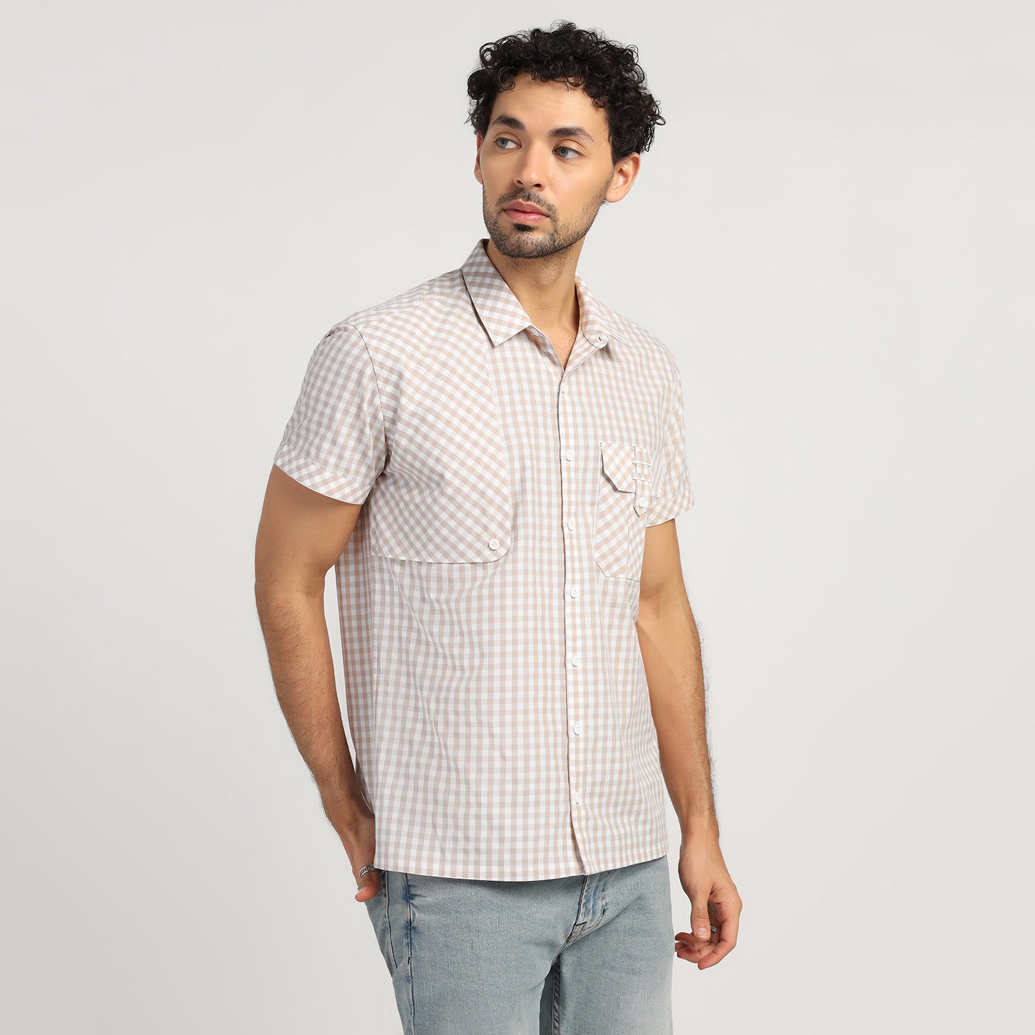 Beige Check Patch Shirt for Men-3