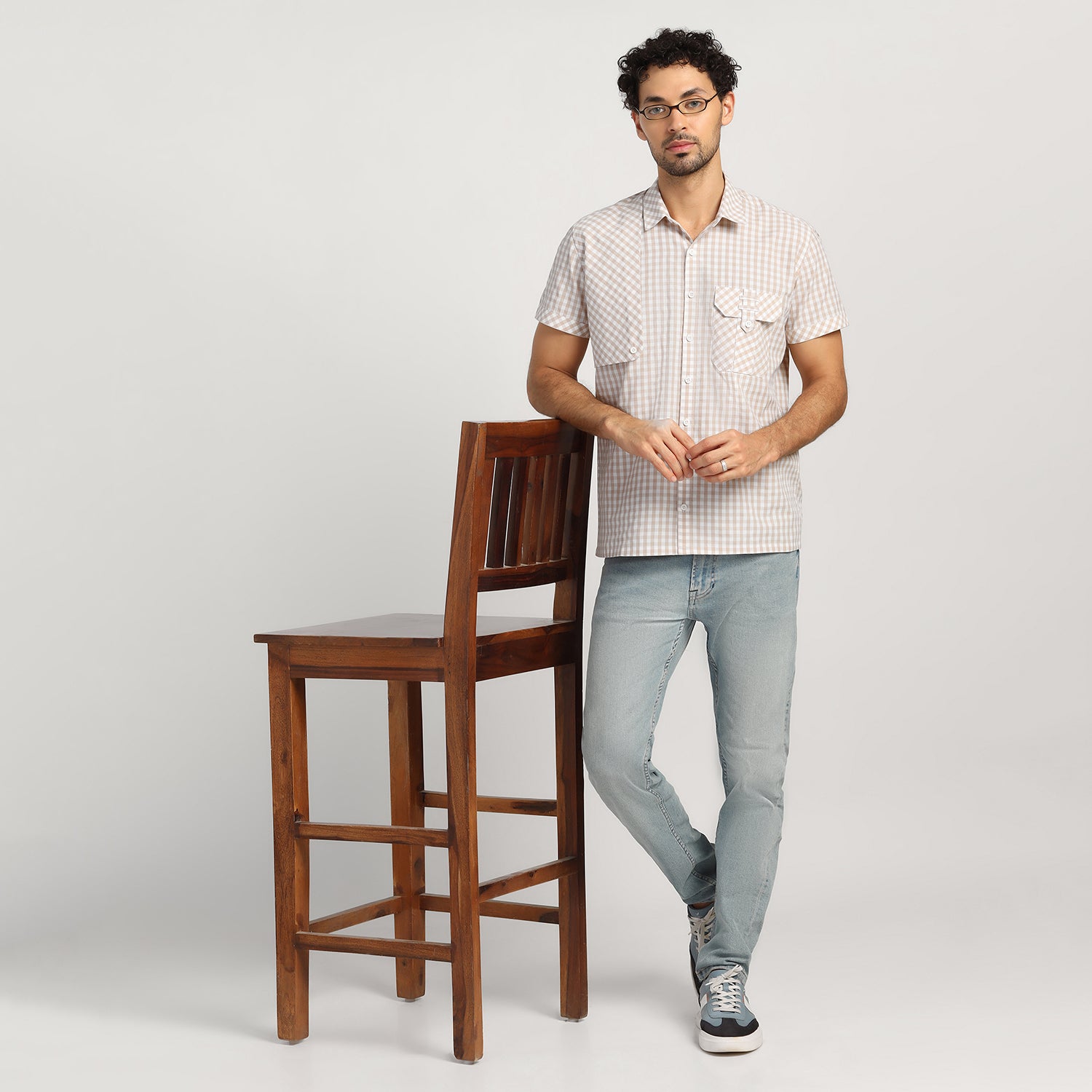 Beige Check Patch Shirt for Men-6