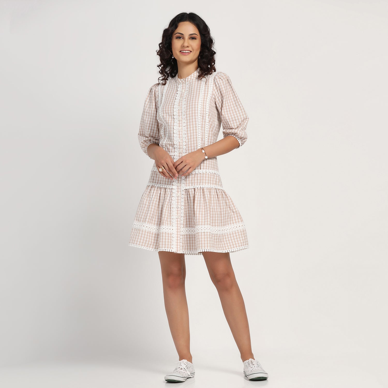 Beige Check Short Dress With Laces, skirts for women, long skirts for women, crop top and skirt, women in short skirts