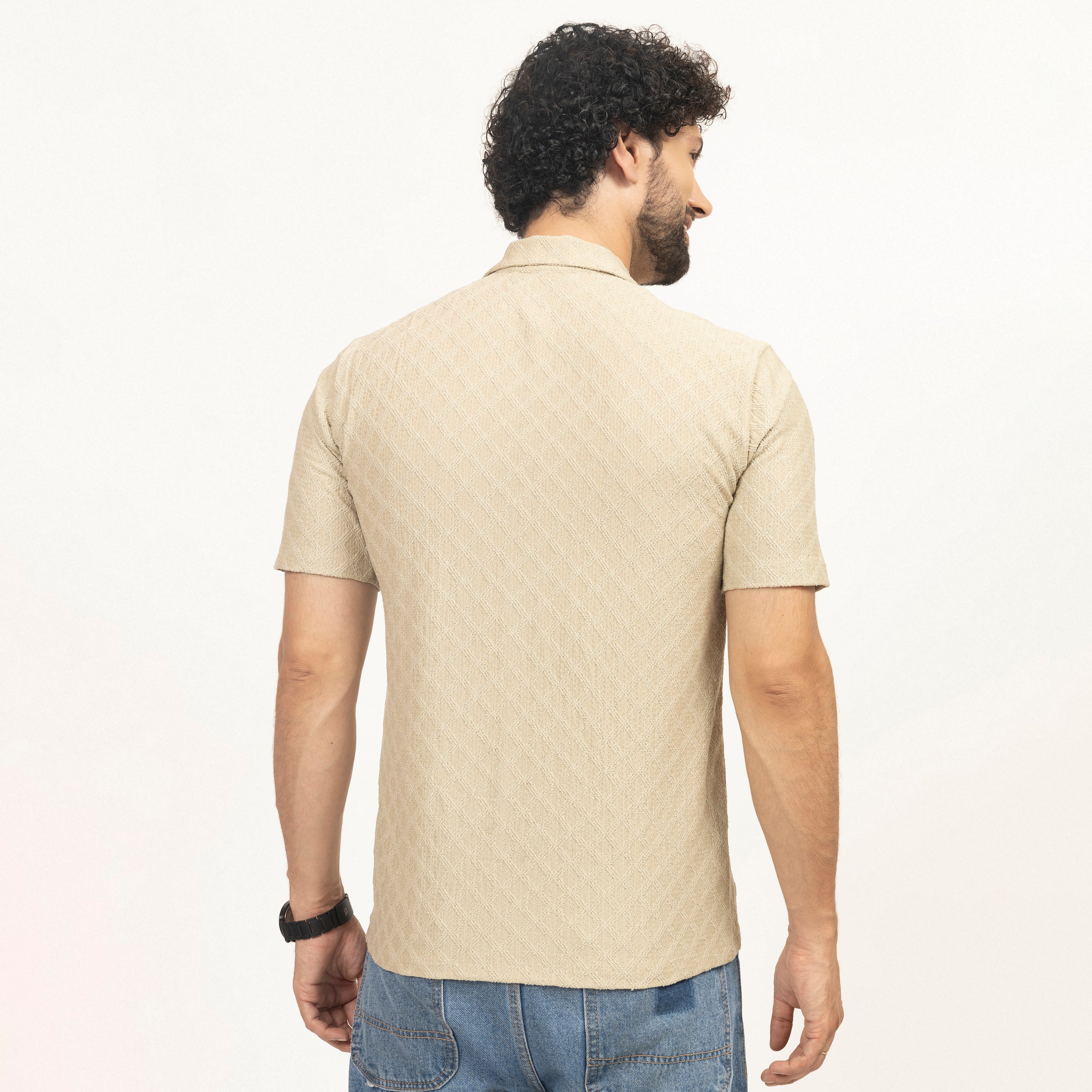Beige Diamond Textured Lycra Shirt for Men-4