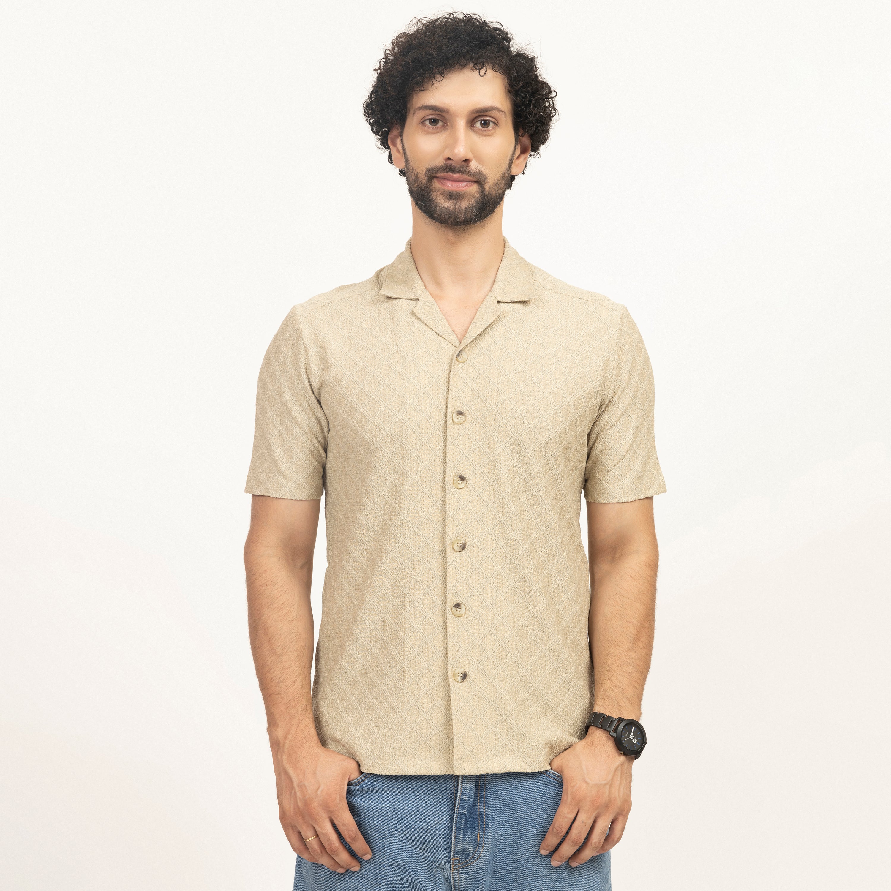 Beige Diamond Textured Lycra Shirt for Men-5