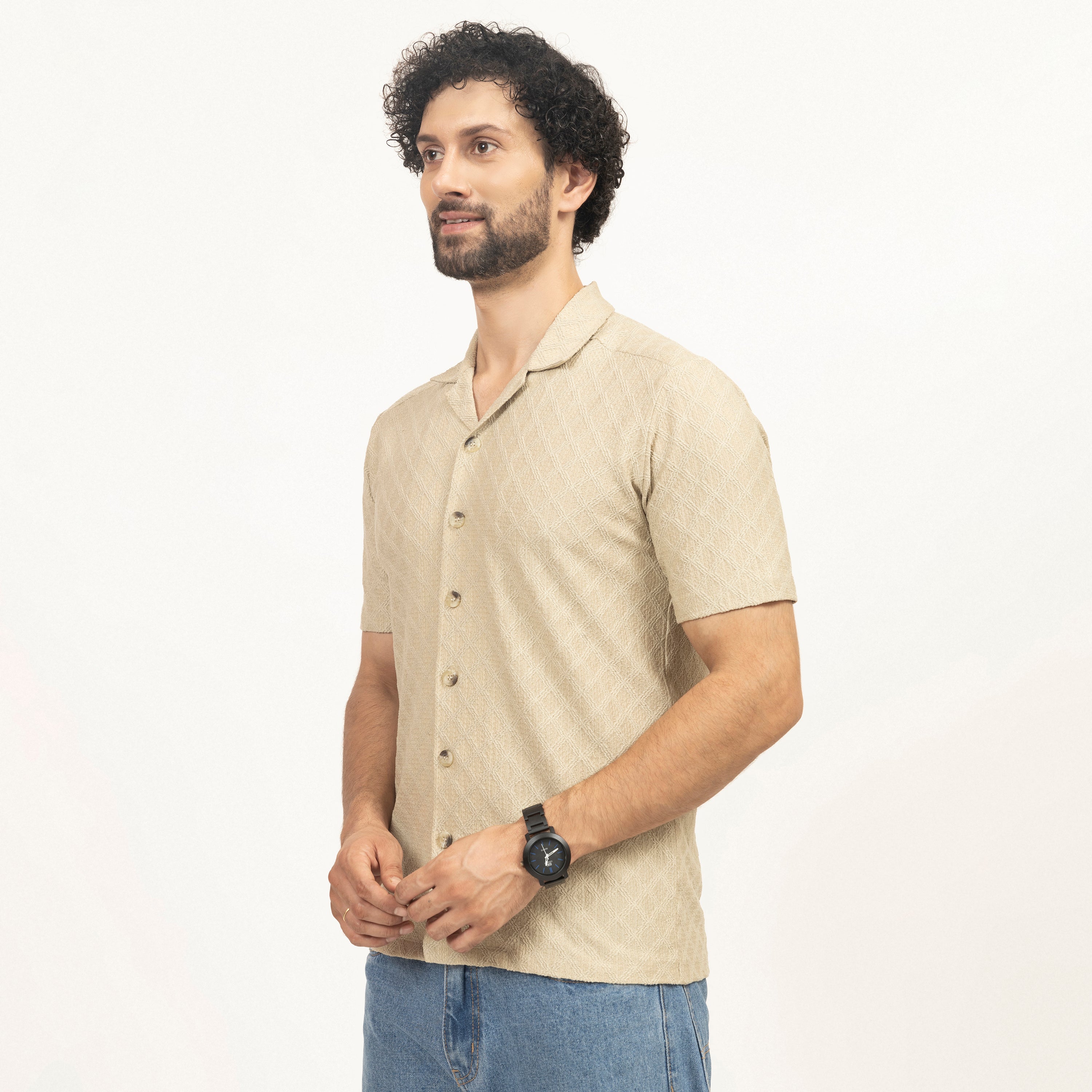 Beige Diamond Textured Lycra Shirt for Men-2