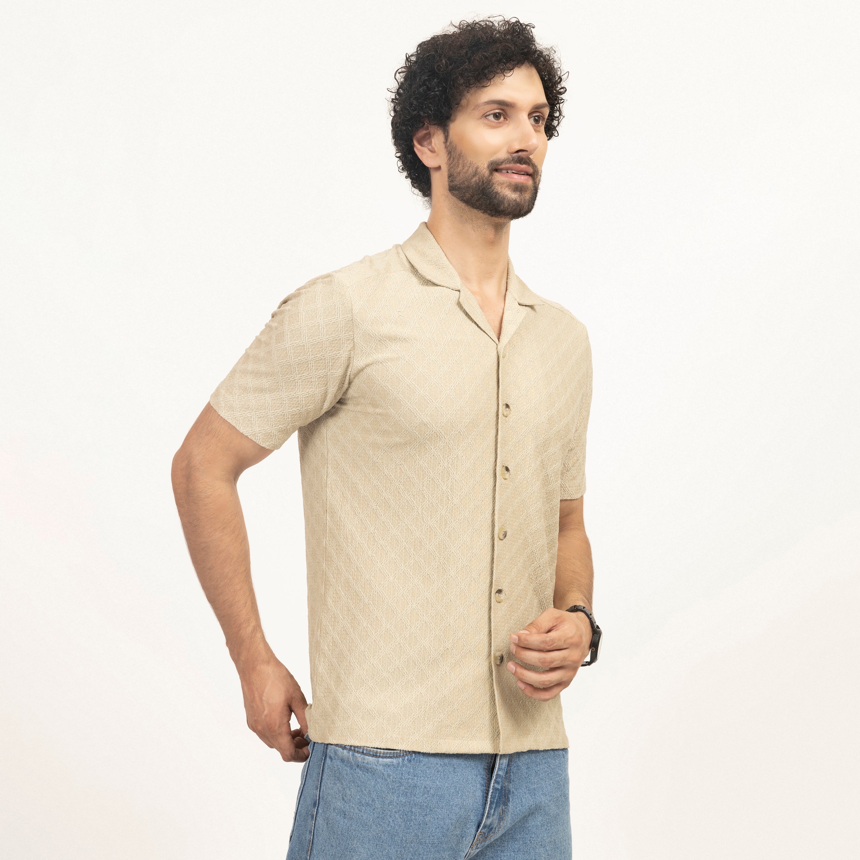 Beige Diamond Textured Lycra Shirt for Men-3