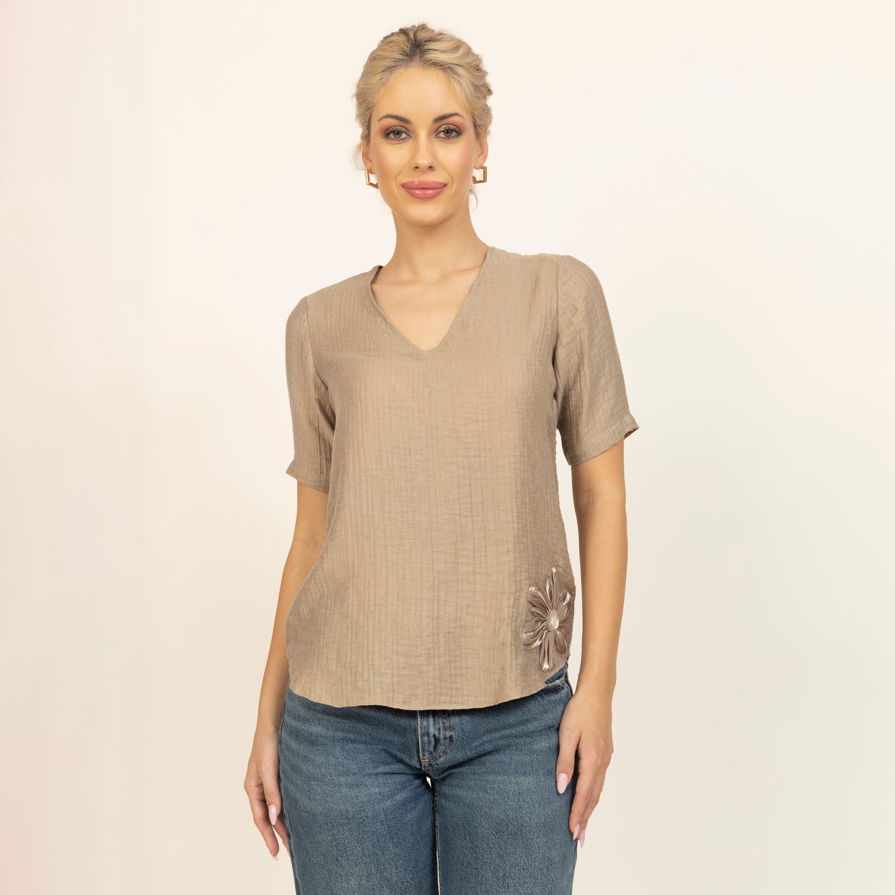 Beige Double Gauze Fabric Top with Flower Patch