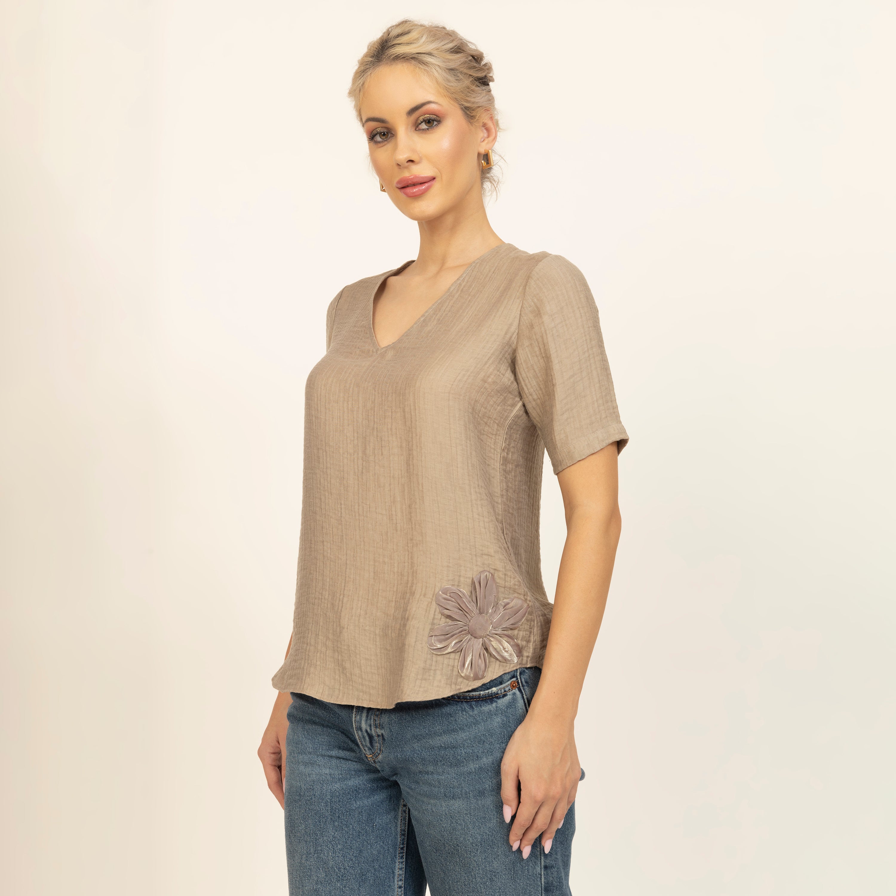 Beige Double Gauze Fabric With Flower Patch, partywear tops, women tops, women dress,  dress, flower, neck design, neck design