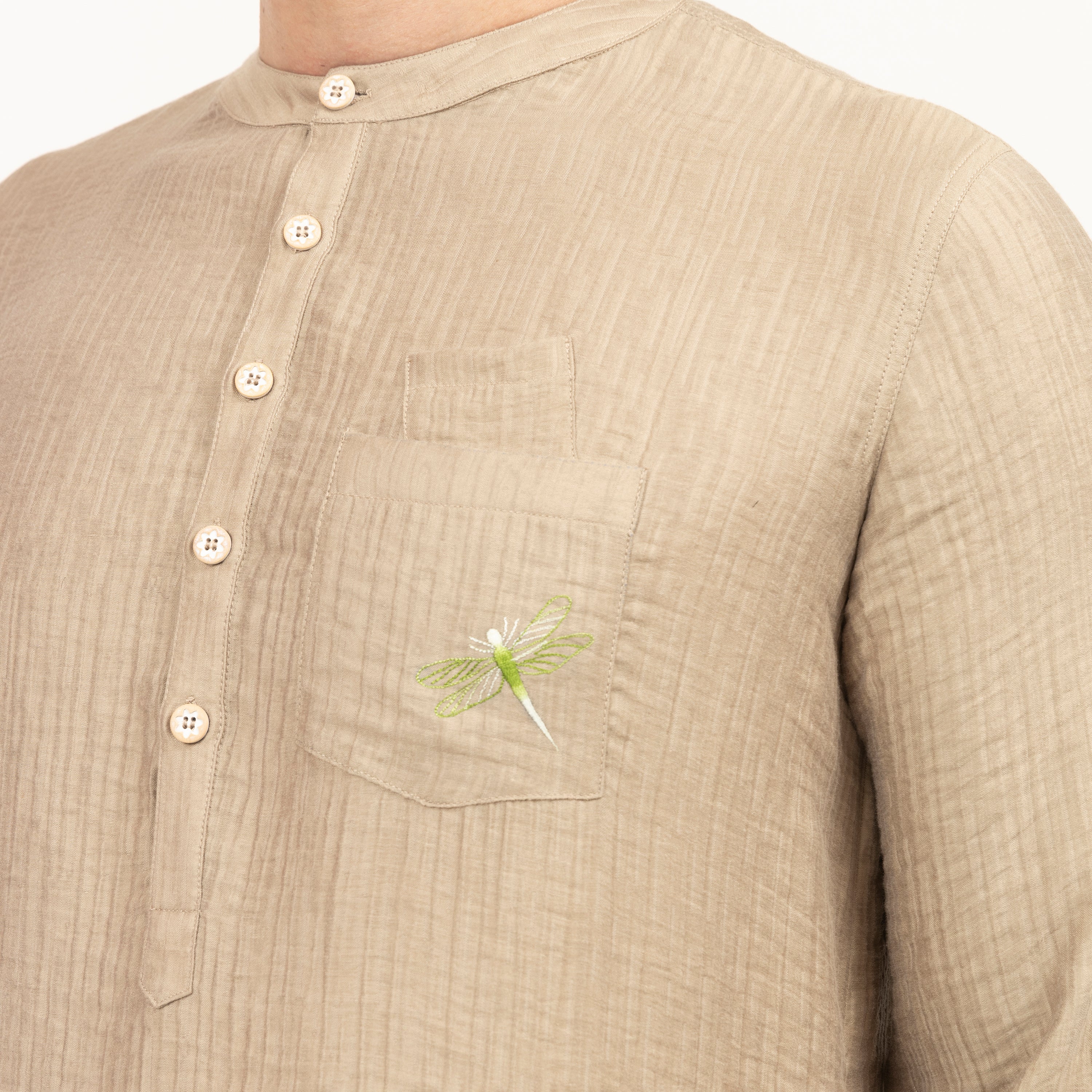 Beige Double Gauze Kurta With Dragonfly Embroidery, men kurta, Designer Kurta, design, colors, embroidery design