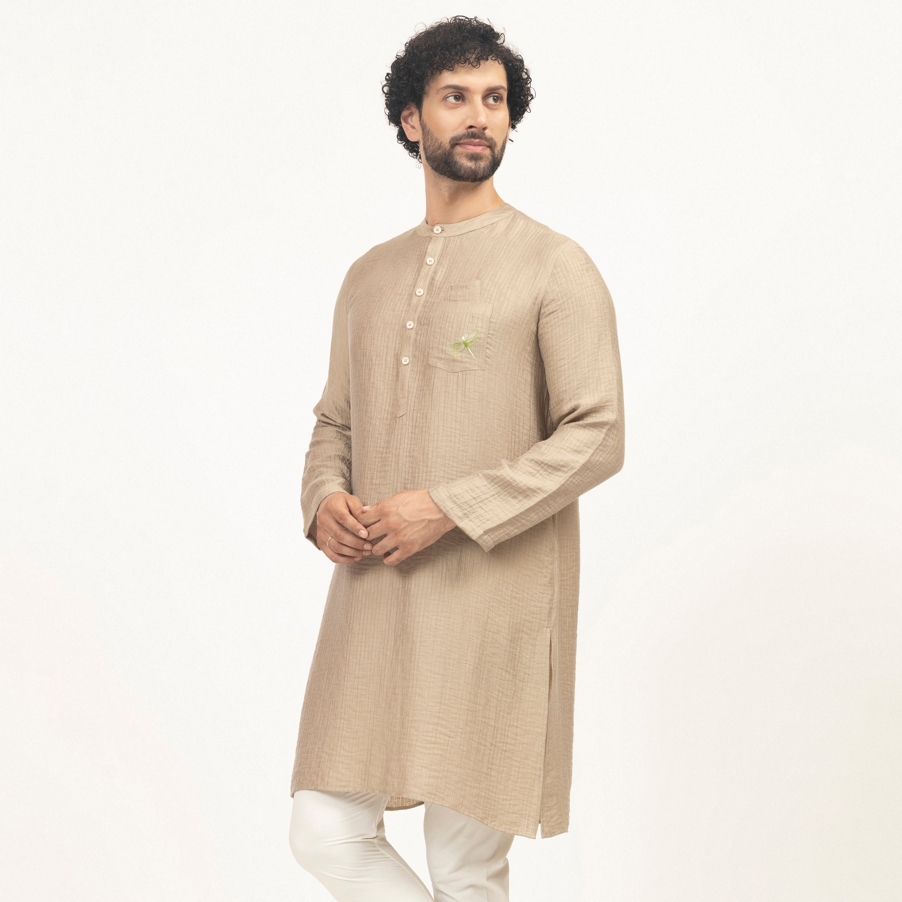 Beige Double Gauze Kurta With Dragonfly Embroidery, men kurta, Designer Kurta, design, colors, embroidery design