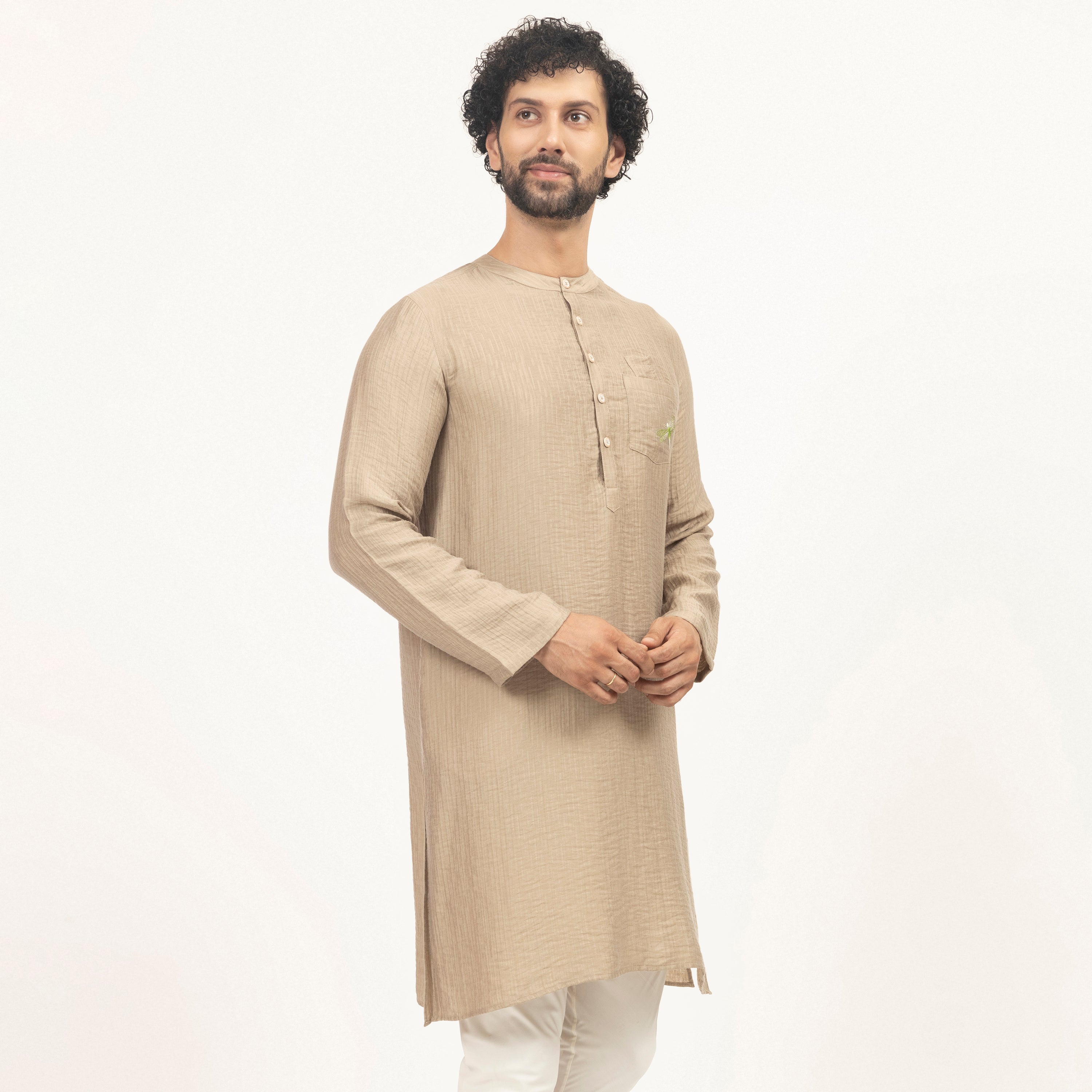 Beige Double Gauze Kurta With Dragonfly Embroidery, men kurta, Designer Kurta, design, colors, embroidery design