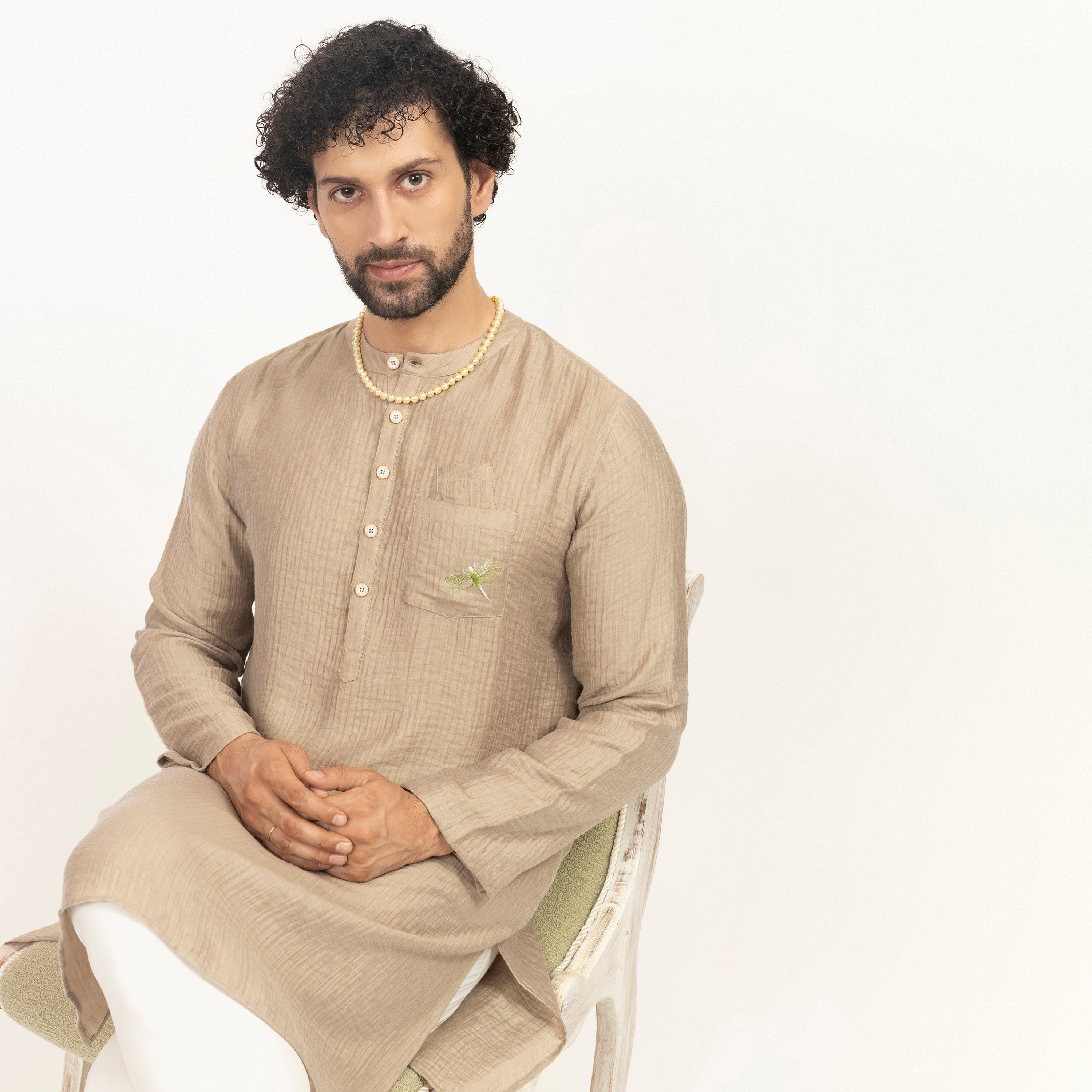 Beige Double Gauze Kurta With Dragonfly Embroidery, men kurta, Designer Kurta, design, colors, embroidery design