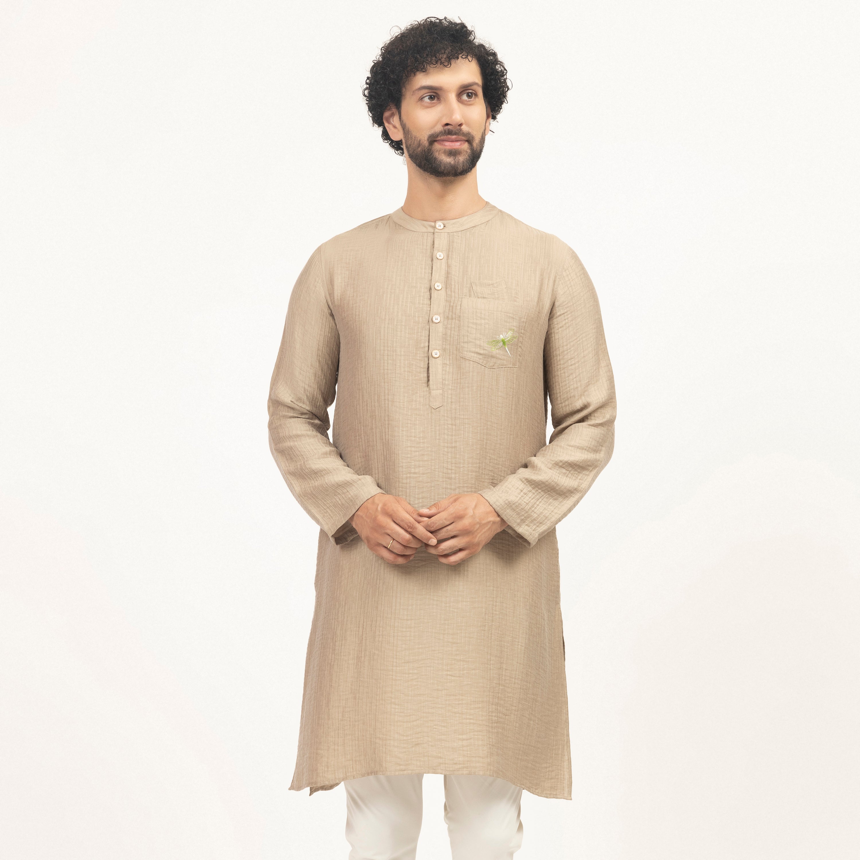 Beige Double Gauze Kurta With Dragonfly Embroidery, men kurta, Designer Kurta, design, colors, embroidery design