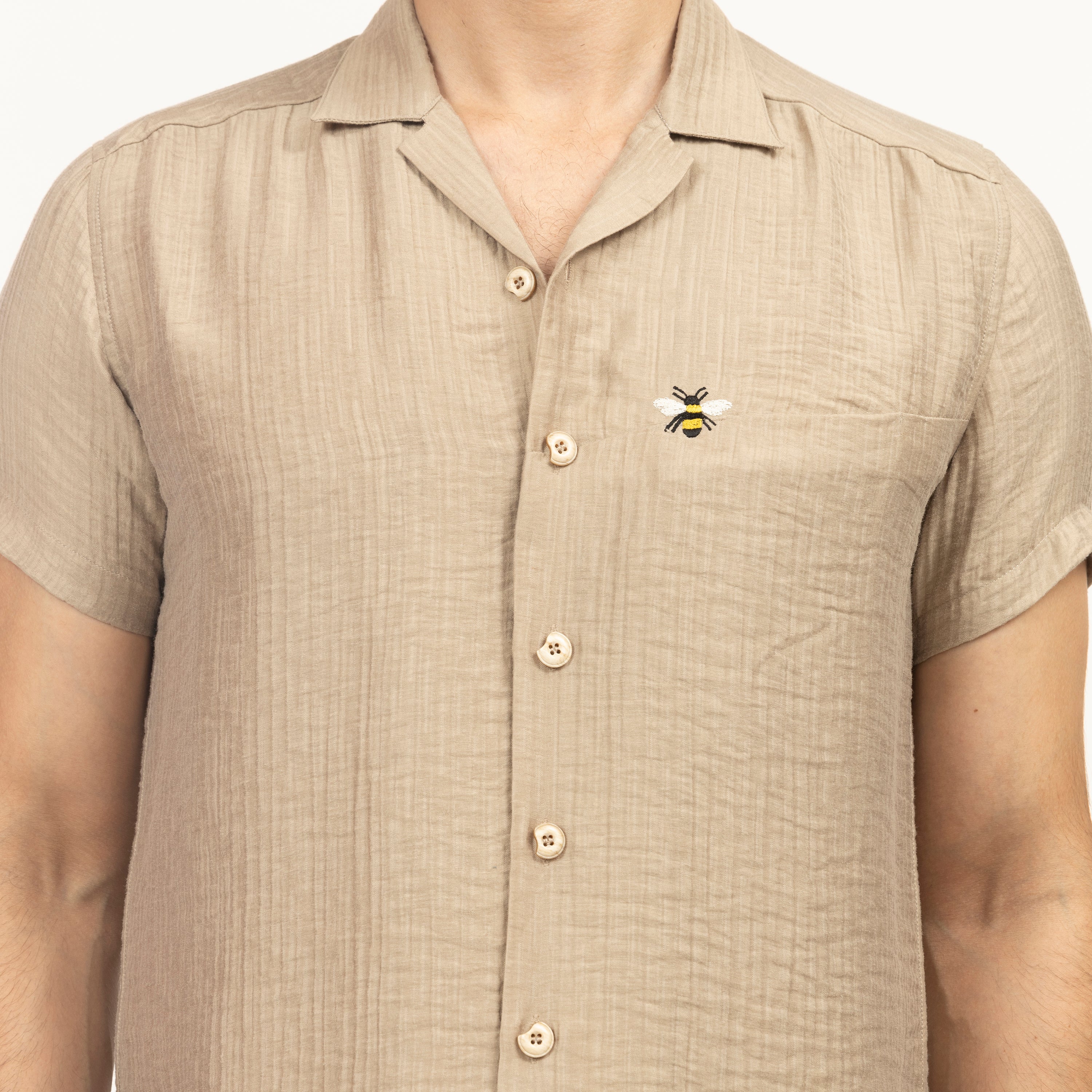 Beige Double Gauze Shirt With Bee Embroidery, men shirt, shirts, shirts for men, design, embroidery design