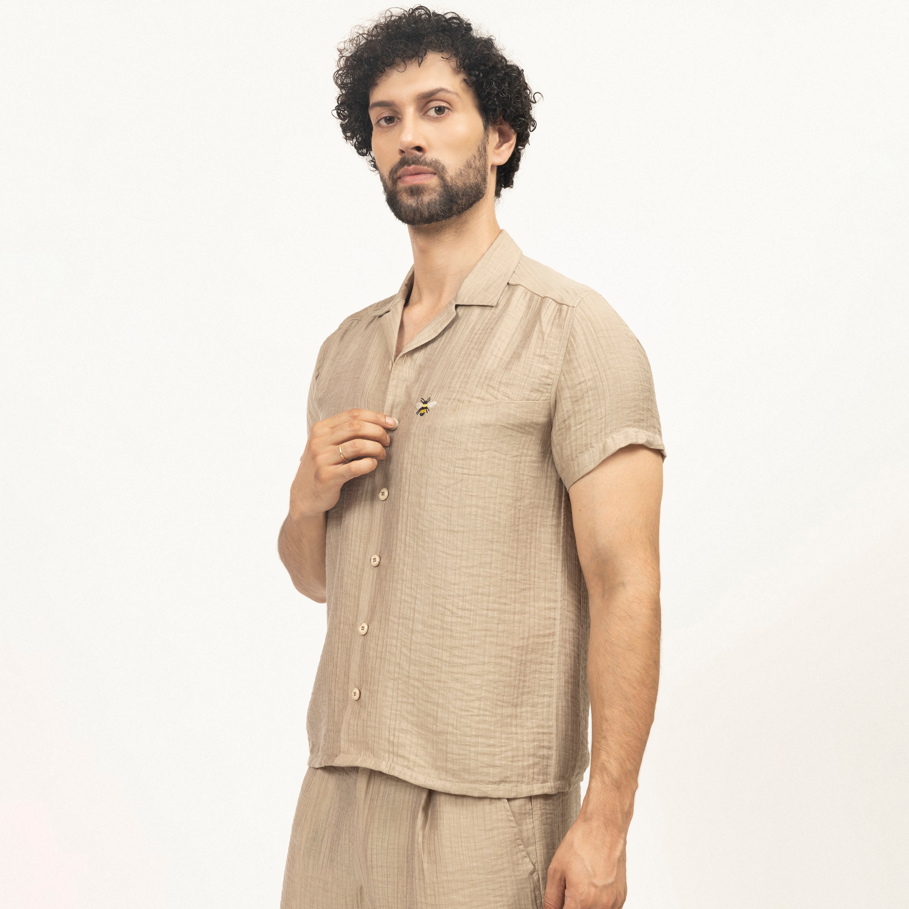 Beige Double Gauze Shirt With Bee Embroidery, men shirt, shirts, shirts for men, design, embroidery design