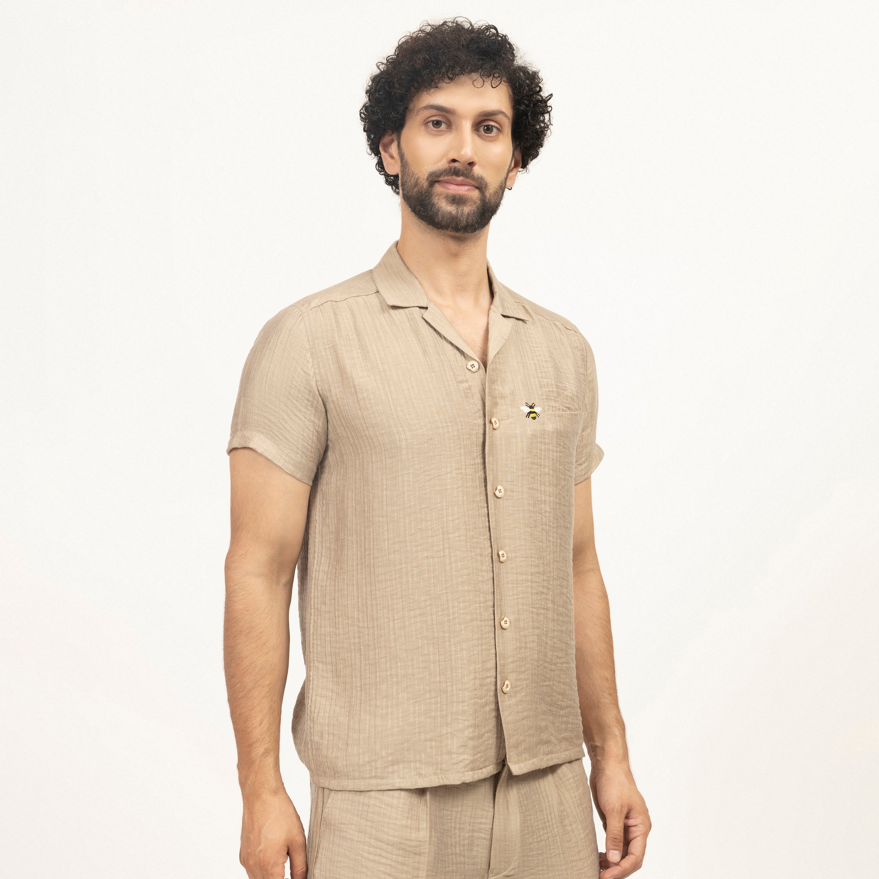 Beige Double Gauze Shirt With Bee Embroidery, men shirt, shirts, shirts for men, design, embroidery design