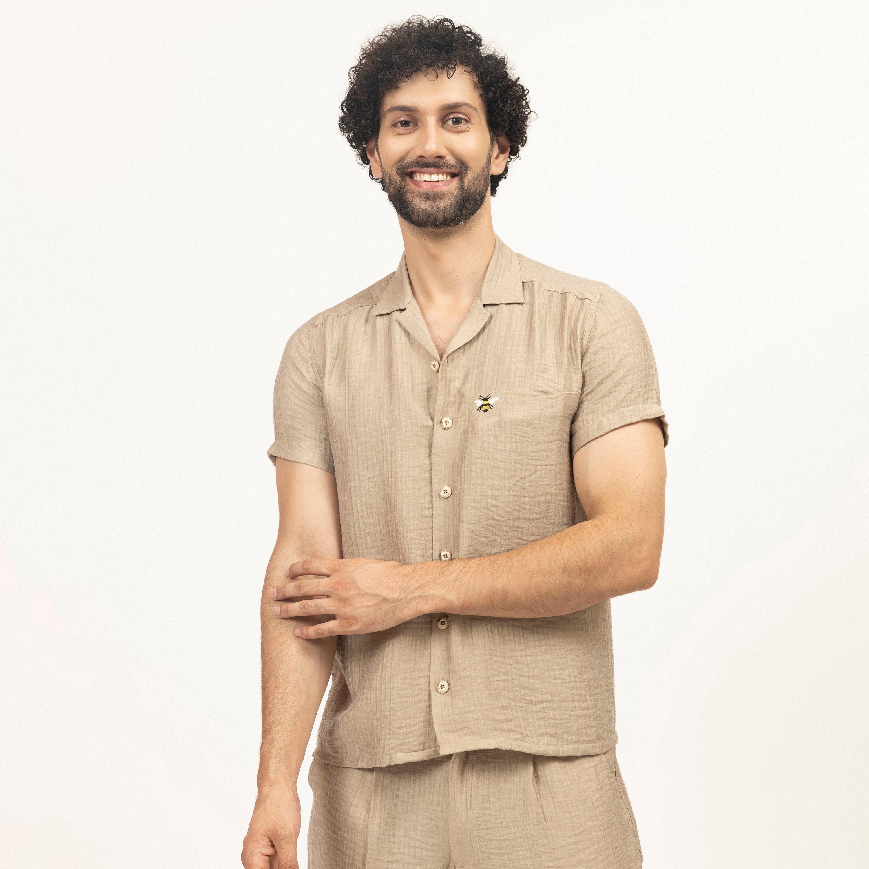 Beige Double Gauze Shirt With Bee Embroidery, men shirt, shirts, shirts for men, design, embroidery design