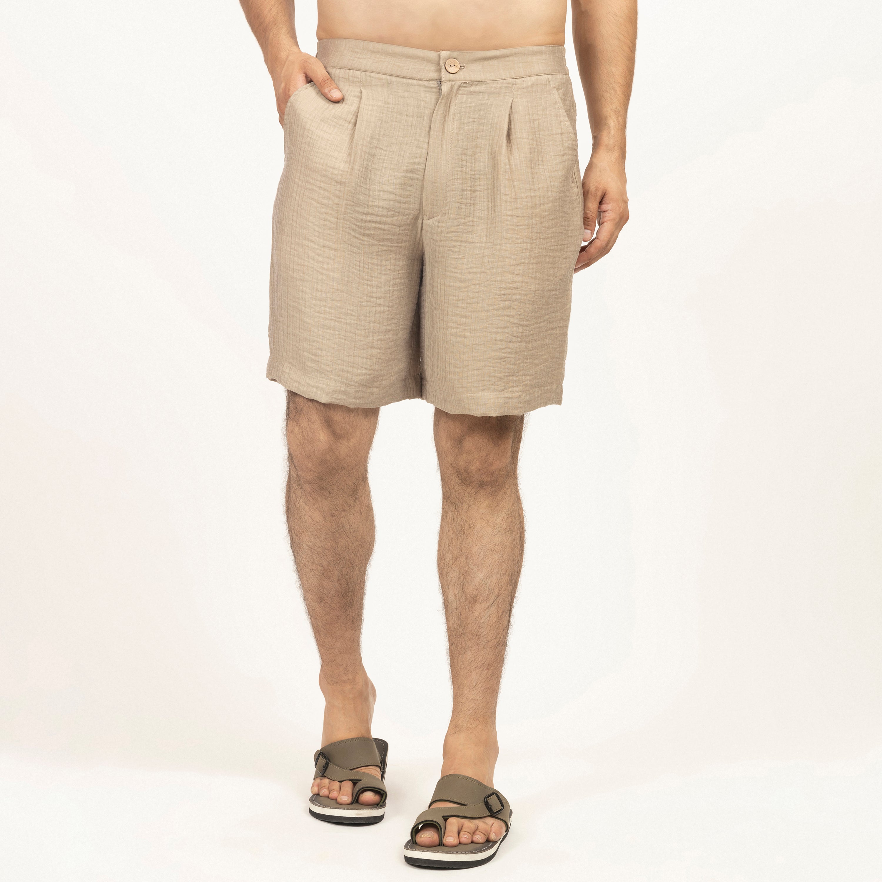 Beige Double Gauze Bermuda Shorts for Men