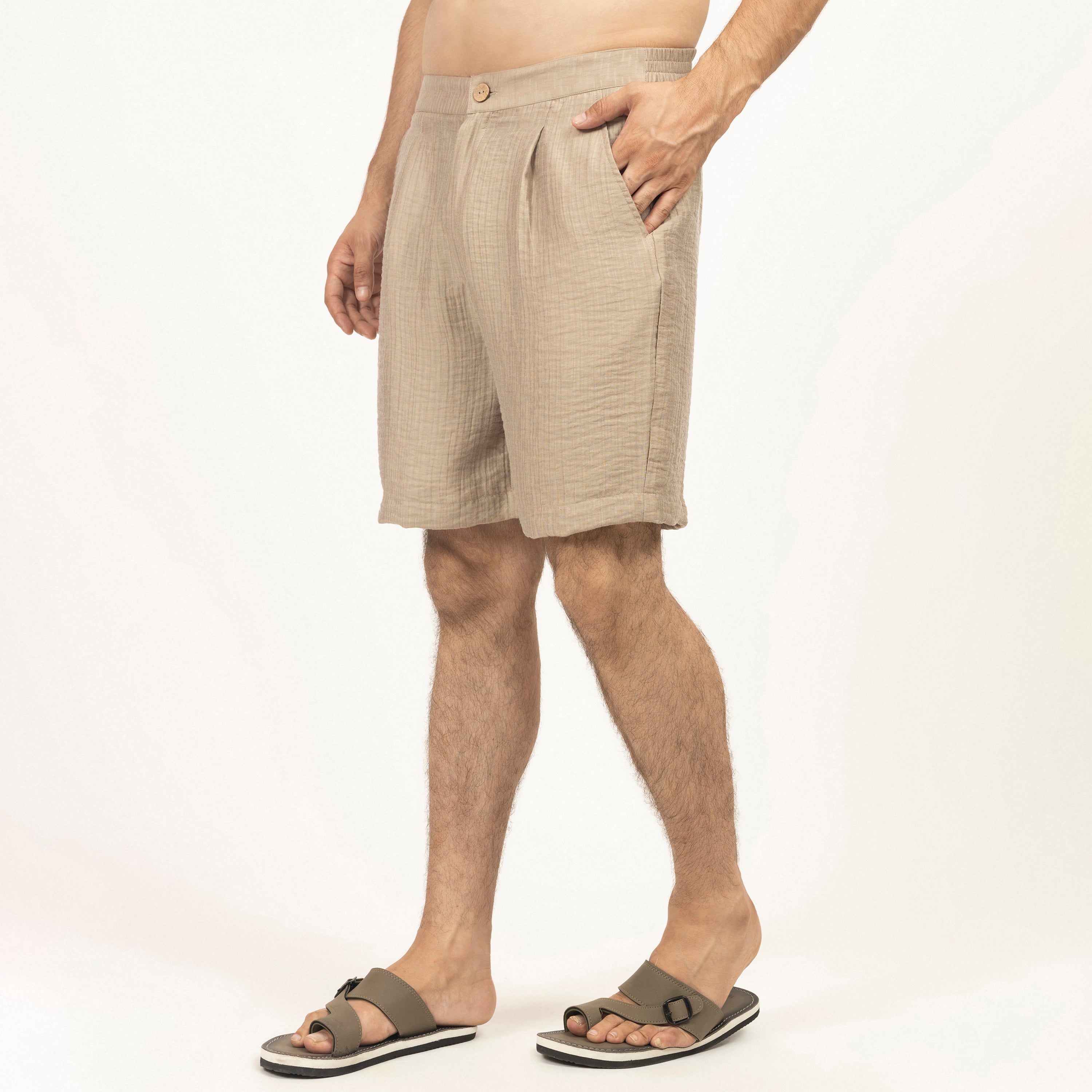 Beige Double Gauze Bermuda Shorts for Men-1