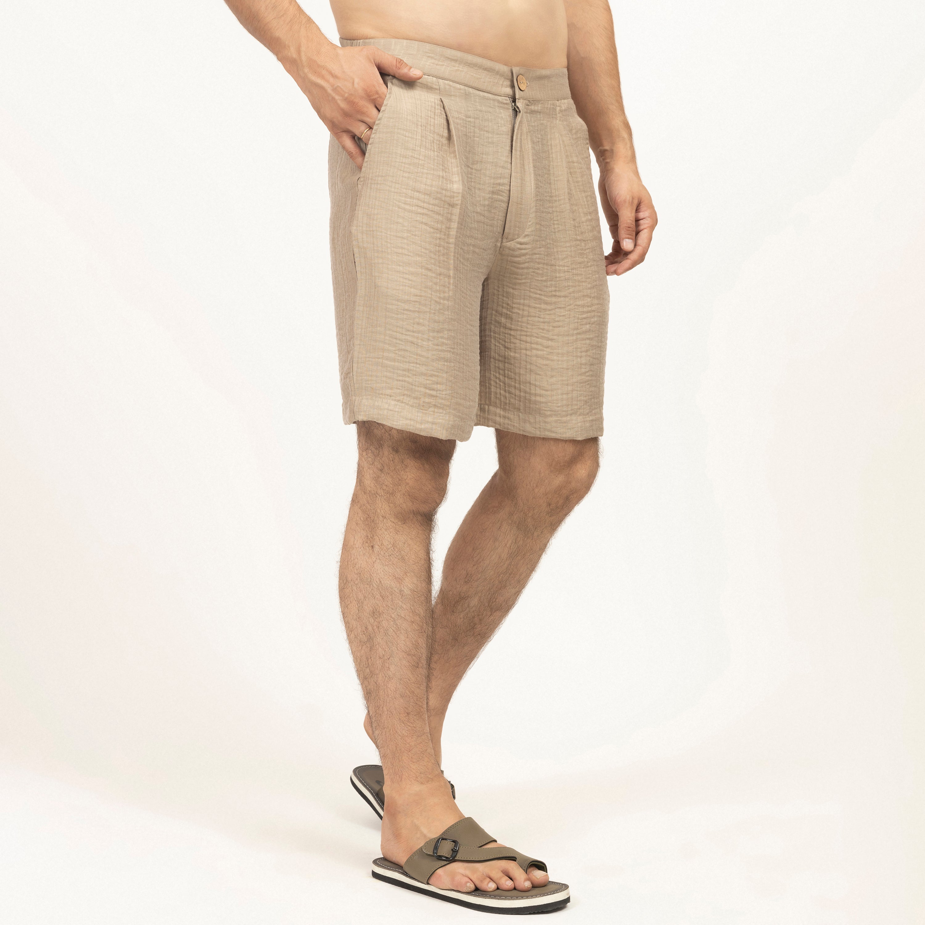 Beige Double Gauze Bermuda Shorts for Men-2