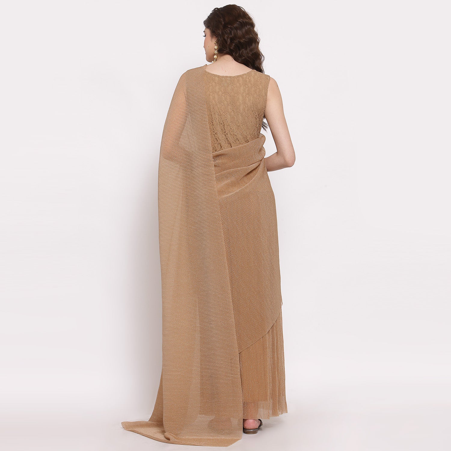 Beige Drape Saree With Net And Plisse Fabric,  saree for women, saree designs, trendy sarees, party wear saree, party wear saree for women