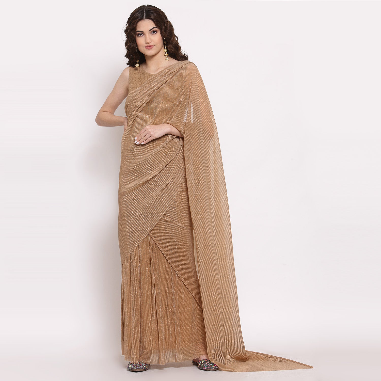 Beige Drape Saree With Net And Plisse Fabric,  saree for women, saree designs, trendy sarees, party wear saree, party wear saree for women