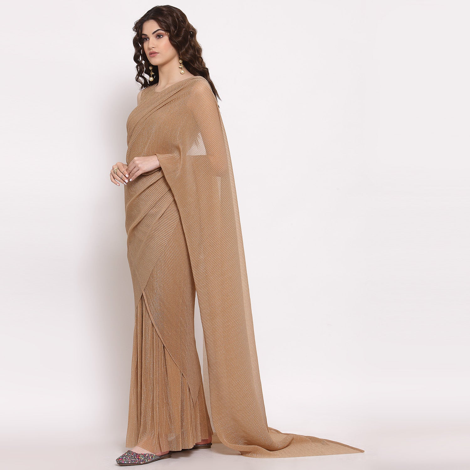 Beige Drape Saree With Net And Plisse Fabric,  saree for women, saree designs, trendy sarees, party wear saree, party wear saree for women