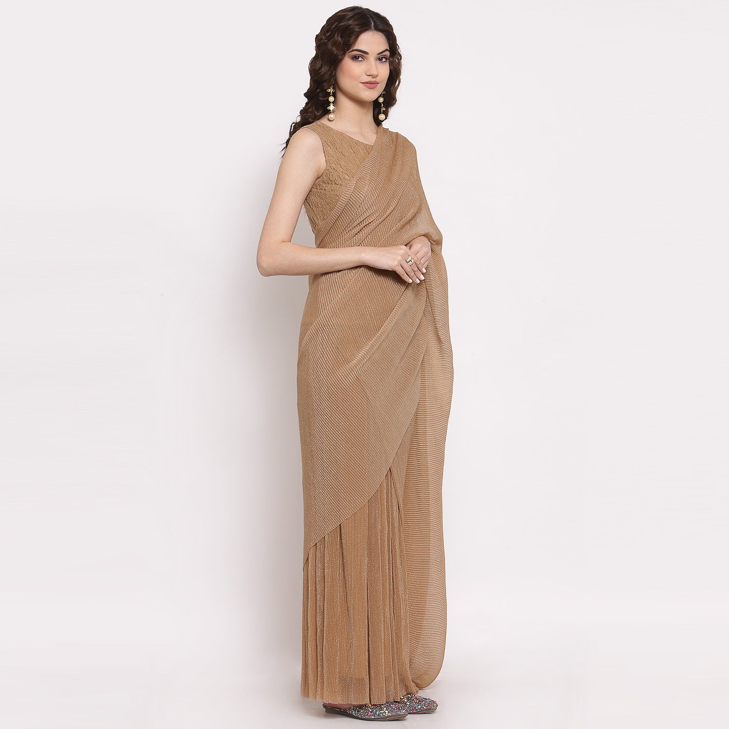 Beige Drape Saree With Net And Plisse Fabric,  saree for women, saree designs, trendy sarees, party wear saree, party wear saree for women