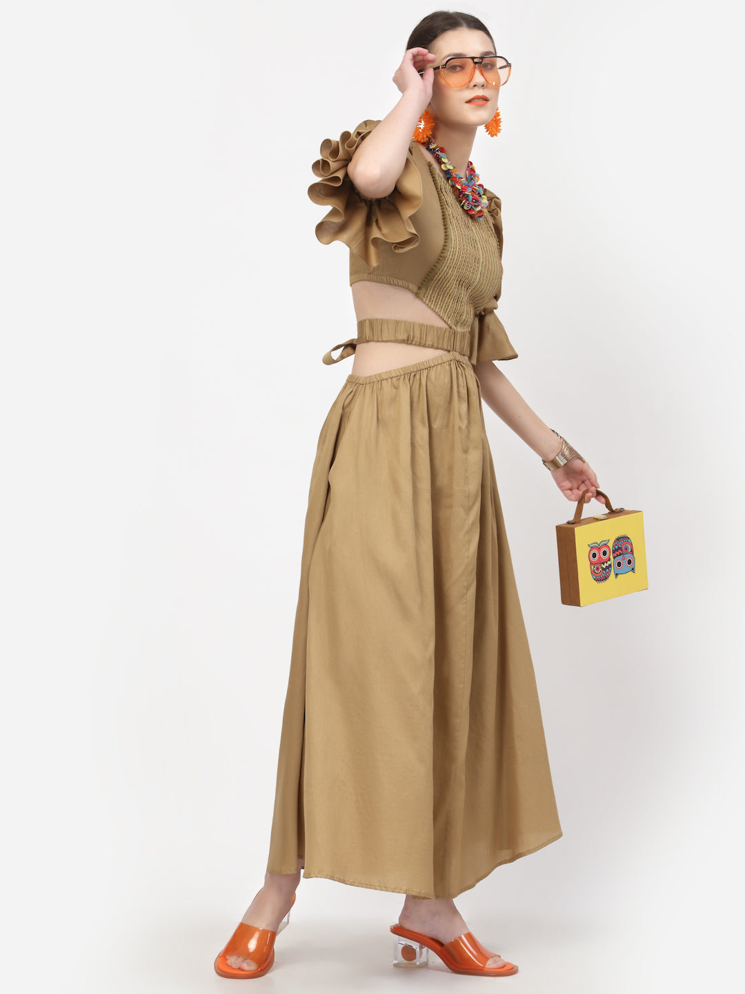 Beige Dress With Lace Yoke And Tie Belt, Mesh Dress , Party dress , Holographic print dress , sequins dress 