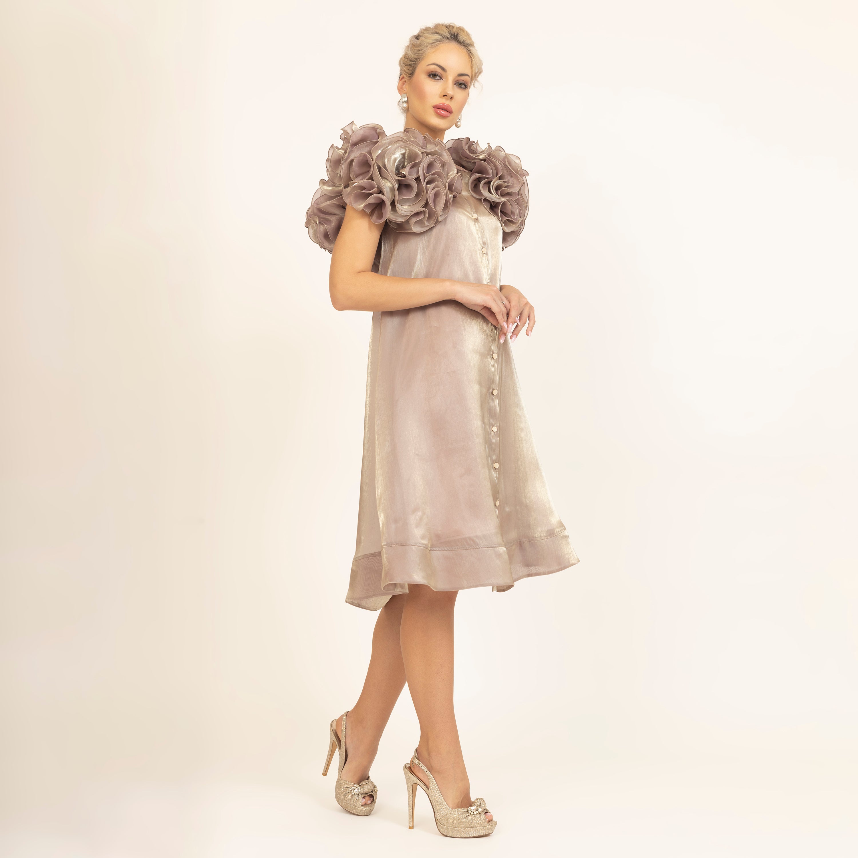 Beige Flower Satin Organza Jacket With Speghetti, sleeve design, women dress, flower, dress, one piece dress, dress for women