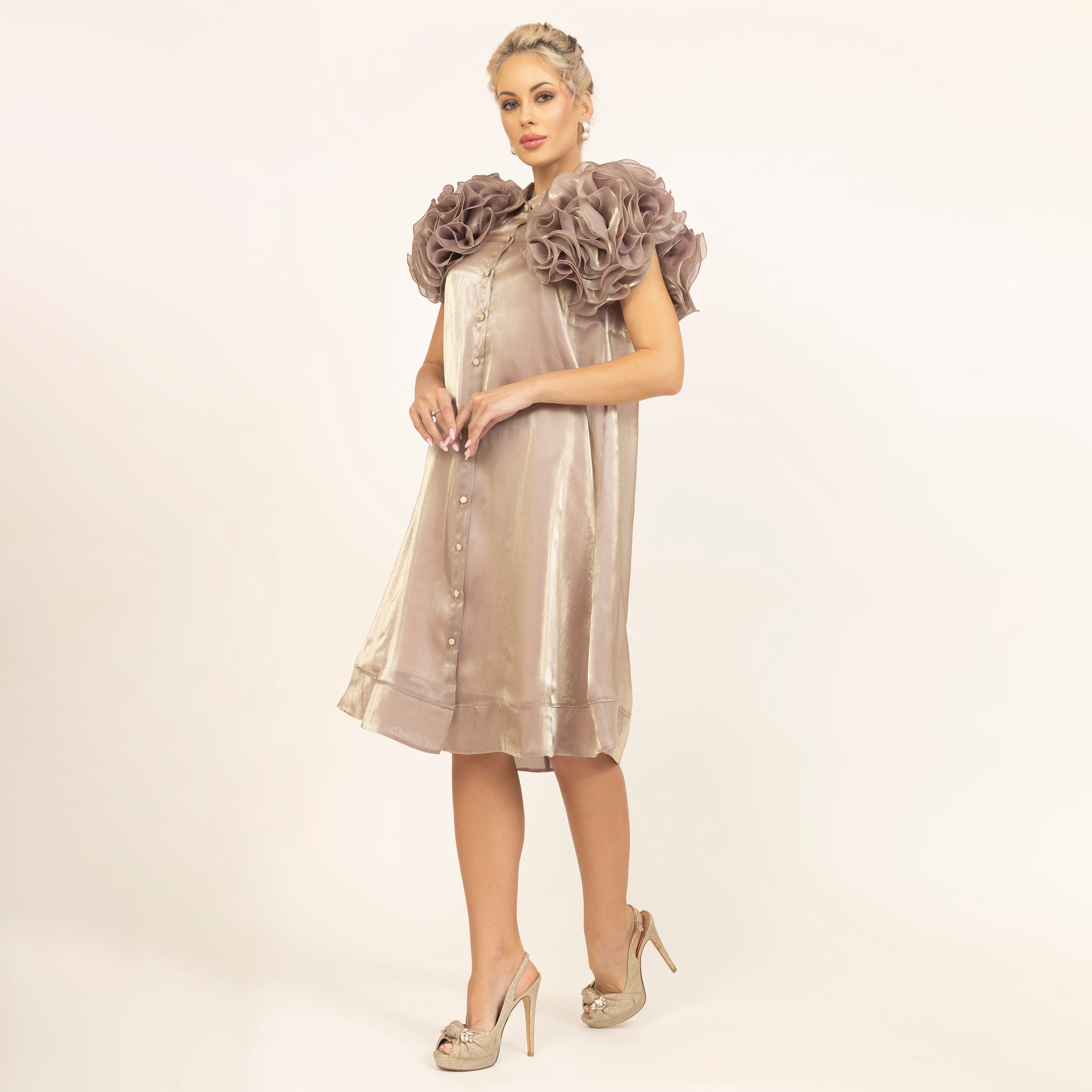 Beige Flower Satin Organza Jacket With Speghetti, sleeve design, women dress, flower, dress, one piece dress, dress for women