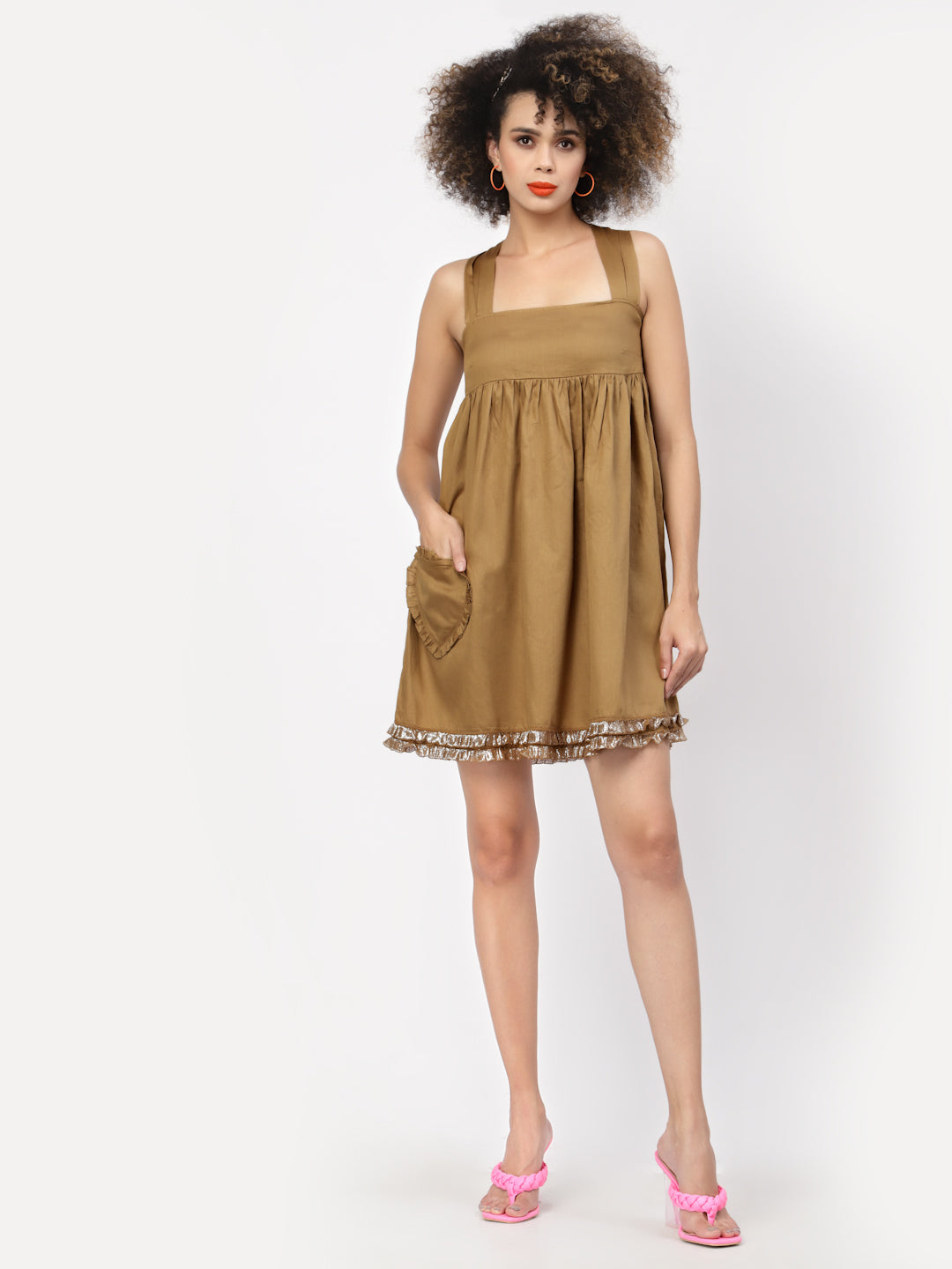Beige Halter Dress With Frill Heart Pocket, Mesh Dress , Party dress , Holographic print dress , sequins dress