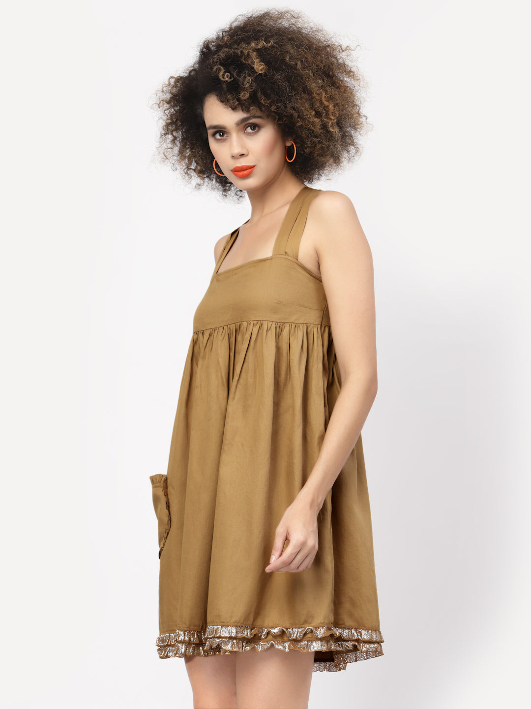 Beige Halter Dress With Frill Heart Pocket, Mesh Dress , Party dress , Holographic print dress , sequins dress 