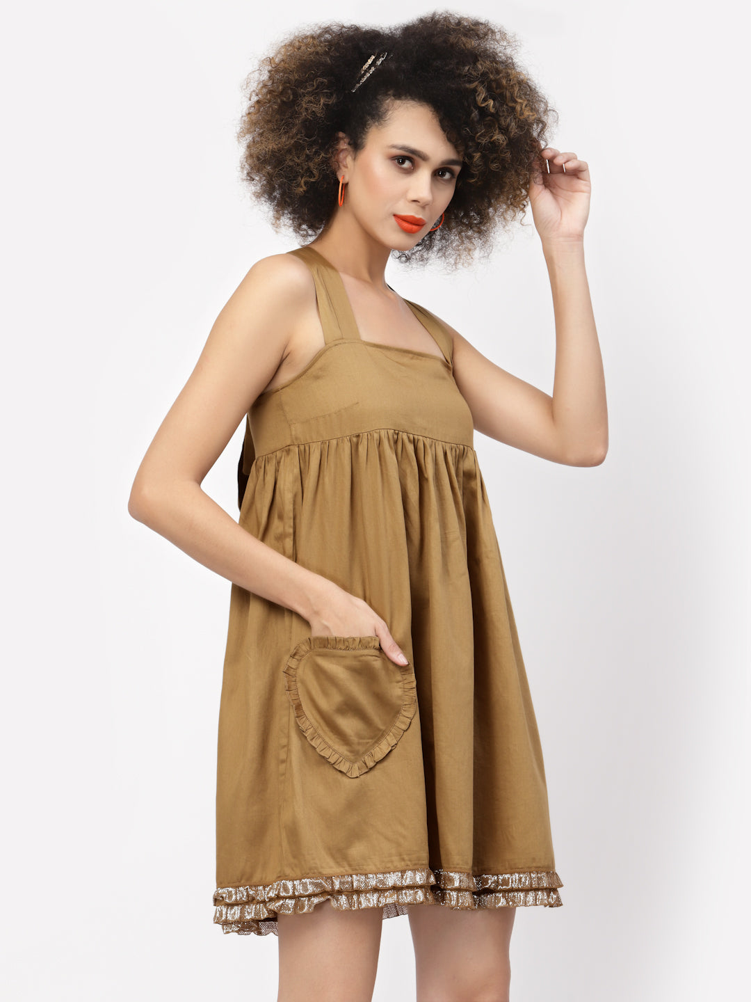 Beige Halter Dress With Frill Heart Pocket, Mesh Dress , Party dress , Holographic print dress , sequins dress
