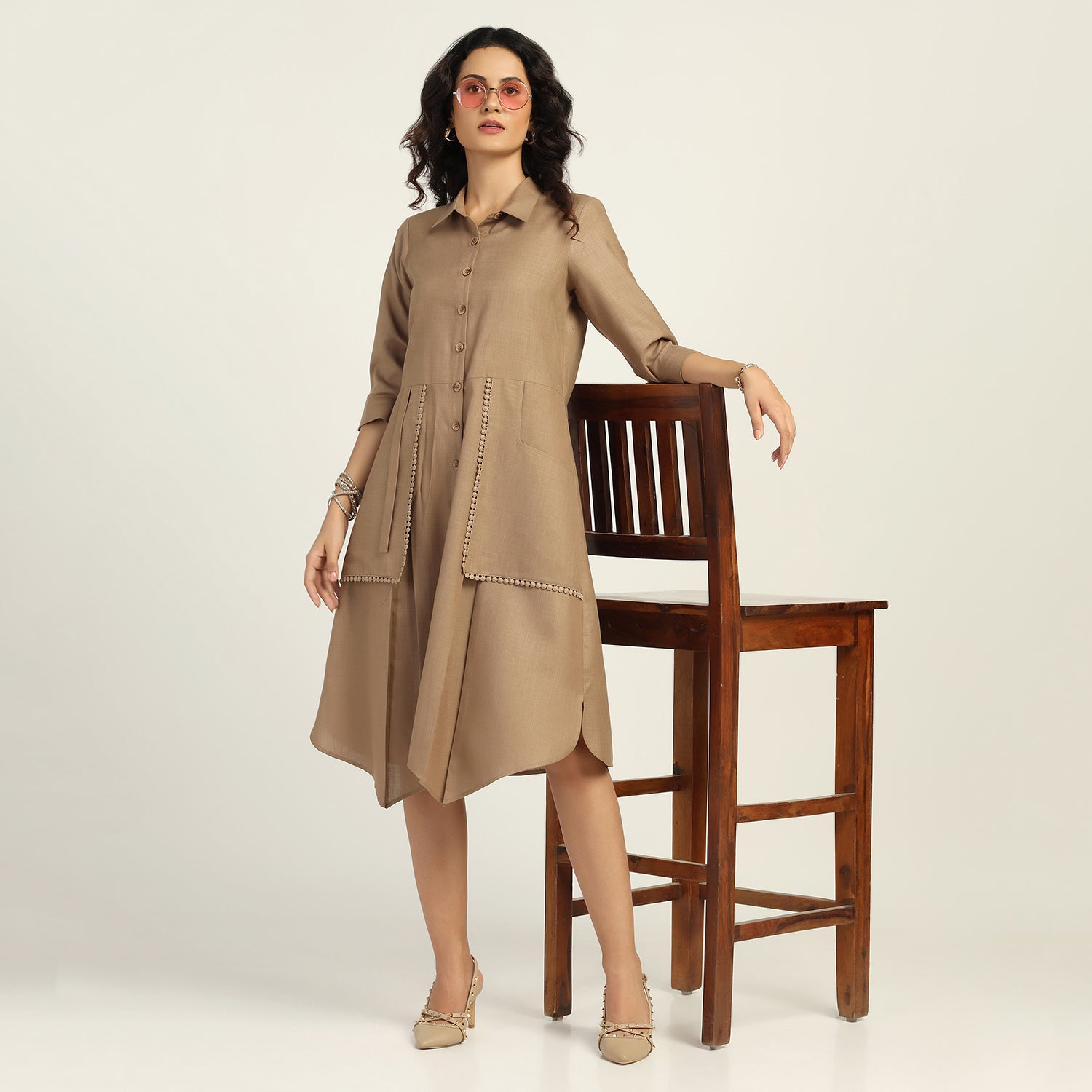 Beige Linen Cotton Long Dress for Women