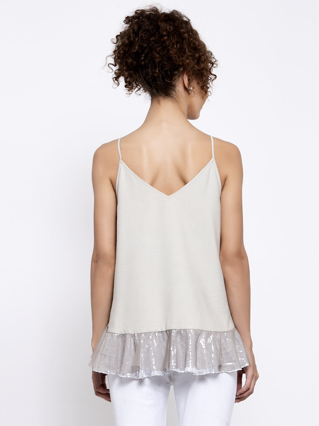 Beige Linen Top With Silver Sequins Frill & Embroidery At Neck, tops for women, crop top, crop tops for women, organza tops