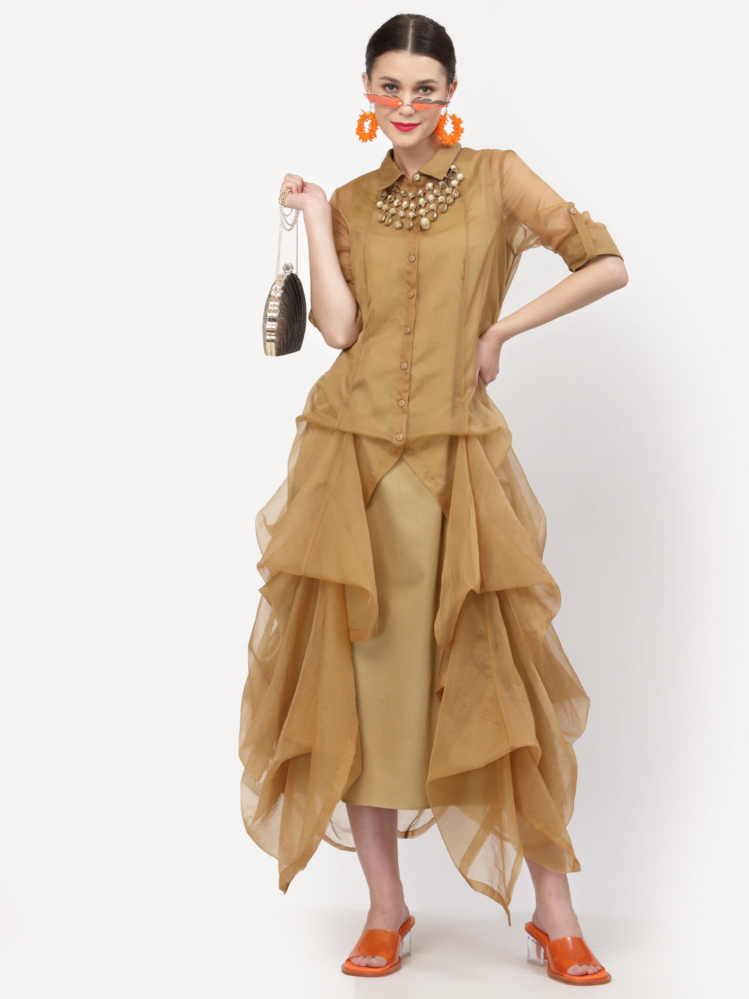 Beige Organza Drape Dresses for Ladies
